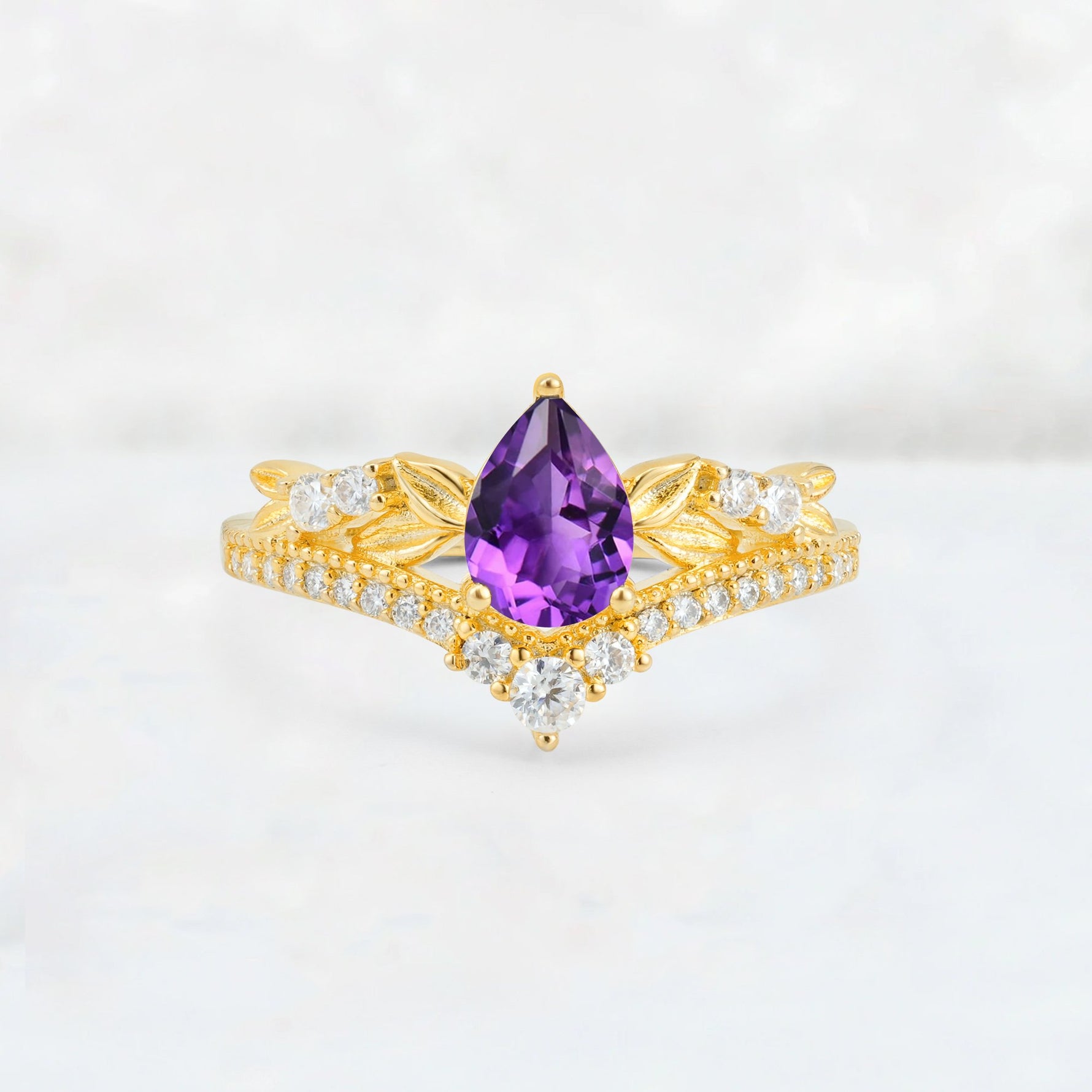Pear Cut Amethyst Leaf Chevron Bridal Ring Set - Additional view