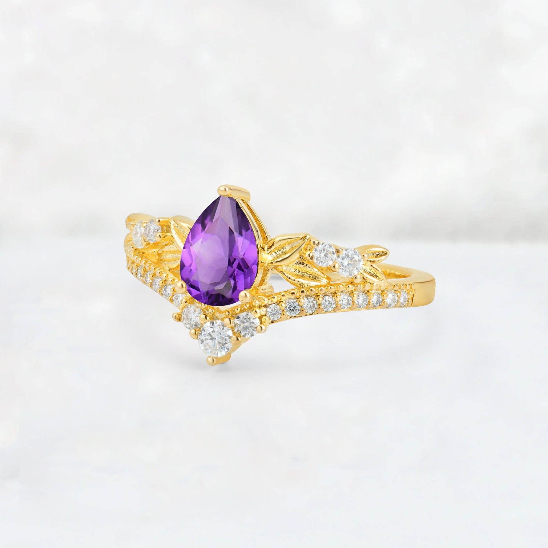 Pear Cut Amethyst Leaf Chevron Bridal Ring Set - Additional view