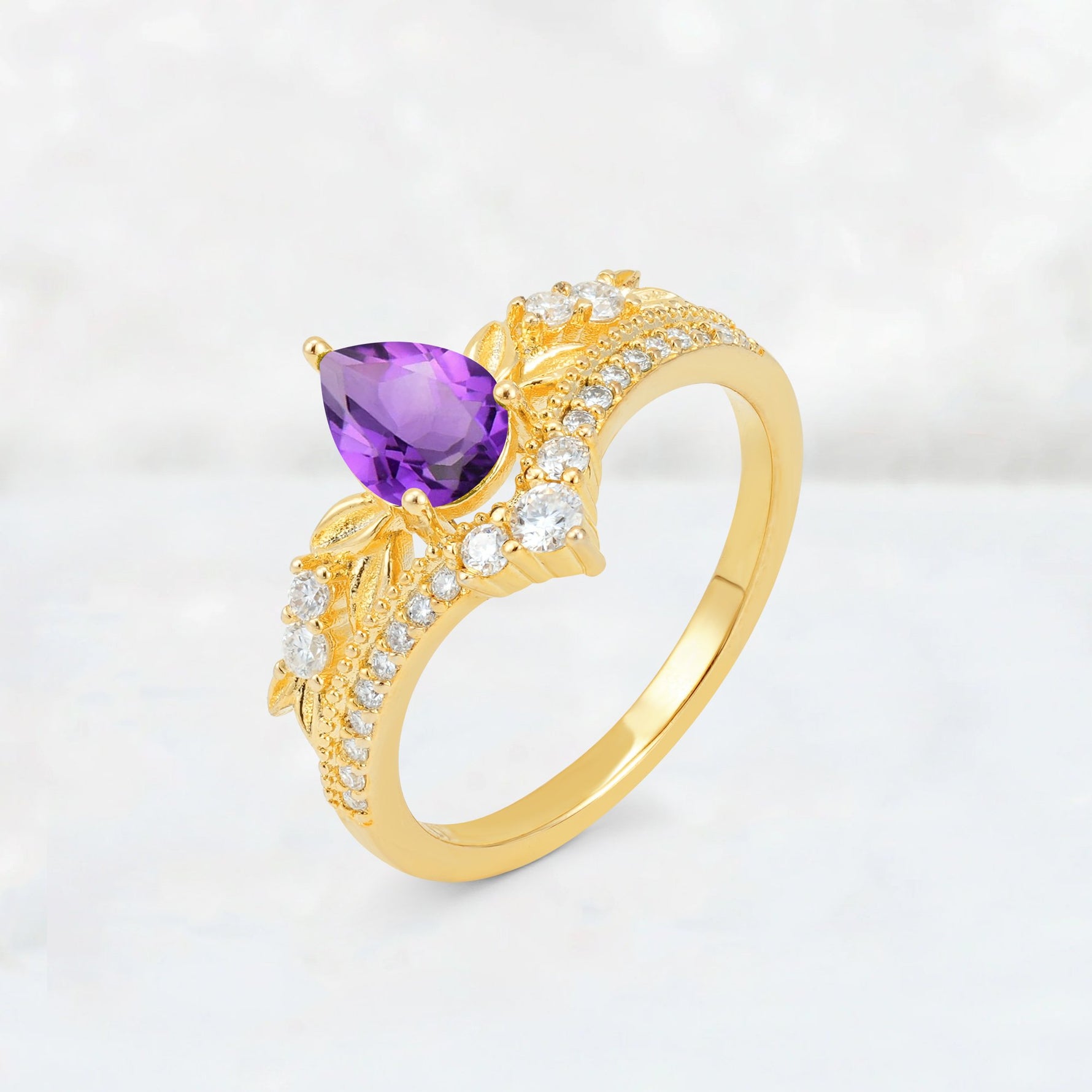 Pear Cut Amethyst Leaf Chevron Bridal Ring Set - Additional view