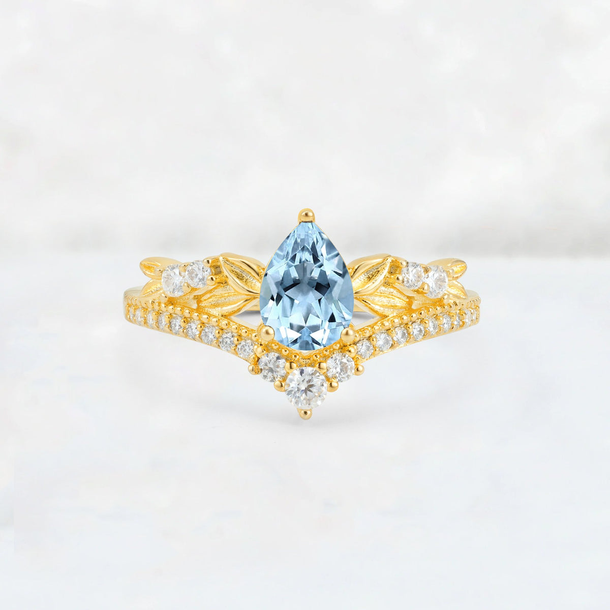 Pear Cut Aquamarine Leaf Chevron Bridal Ring Set - Additional view