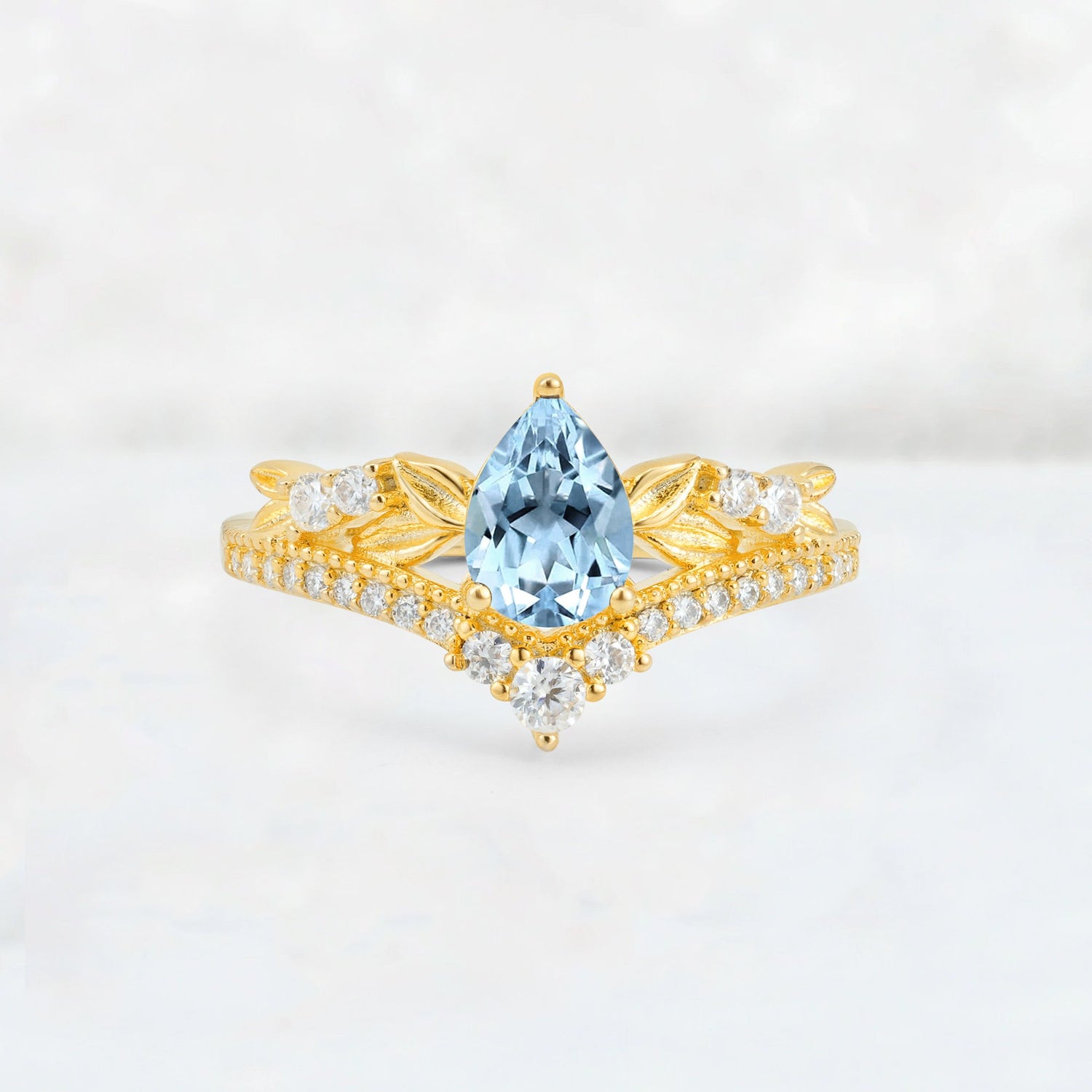 Pear Cut Aquamarine Leaf Chevron Bridal Ring Set - Additional view