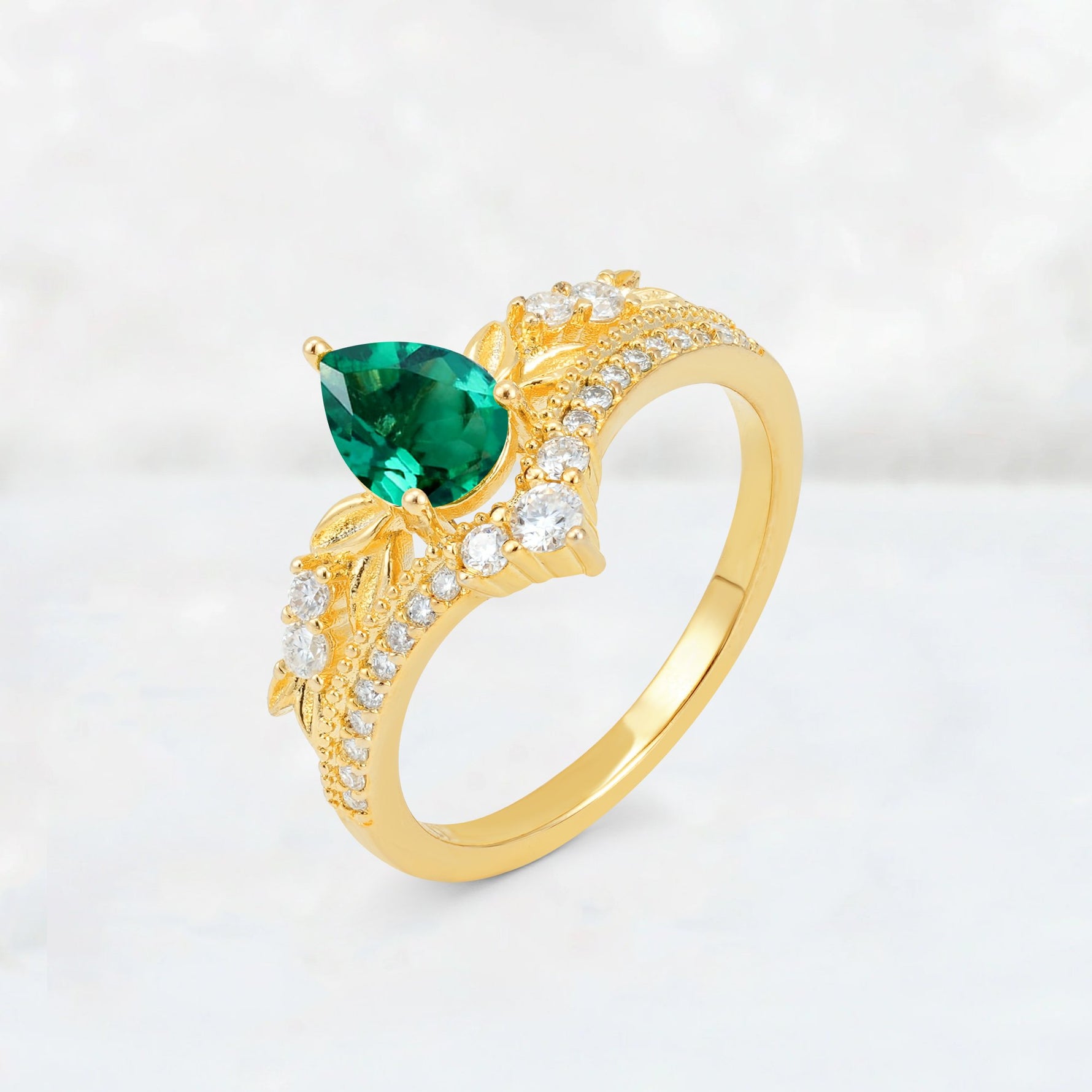Pear Cut Emerald Leaf Chevron Bridal Ring Set - Additional view
