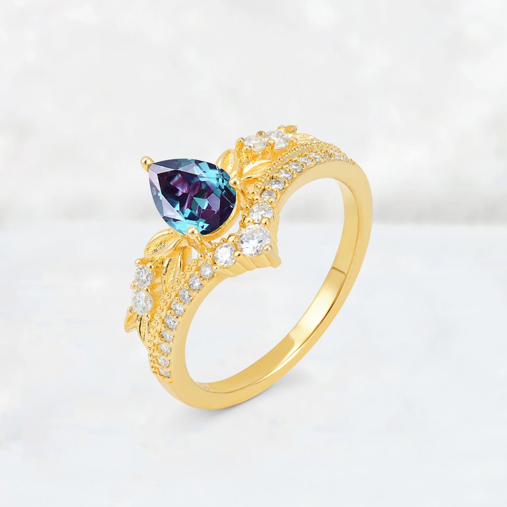 Pear Cut Alexandrite Leaf Chevron Bridal Ring Set - Additional view