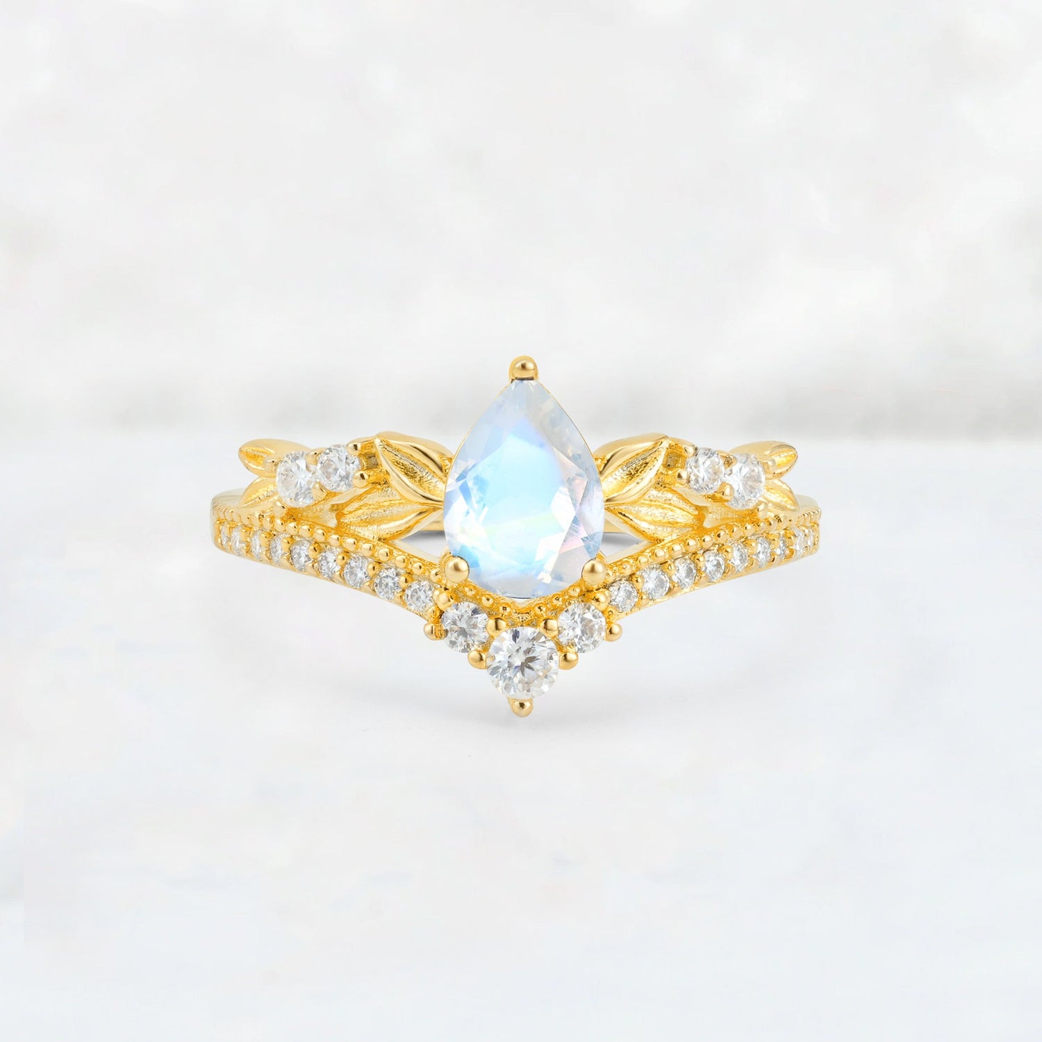 Pear Cut Moonstone Leaf Chevron Bridal Ring Set - Additional view