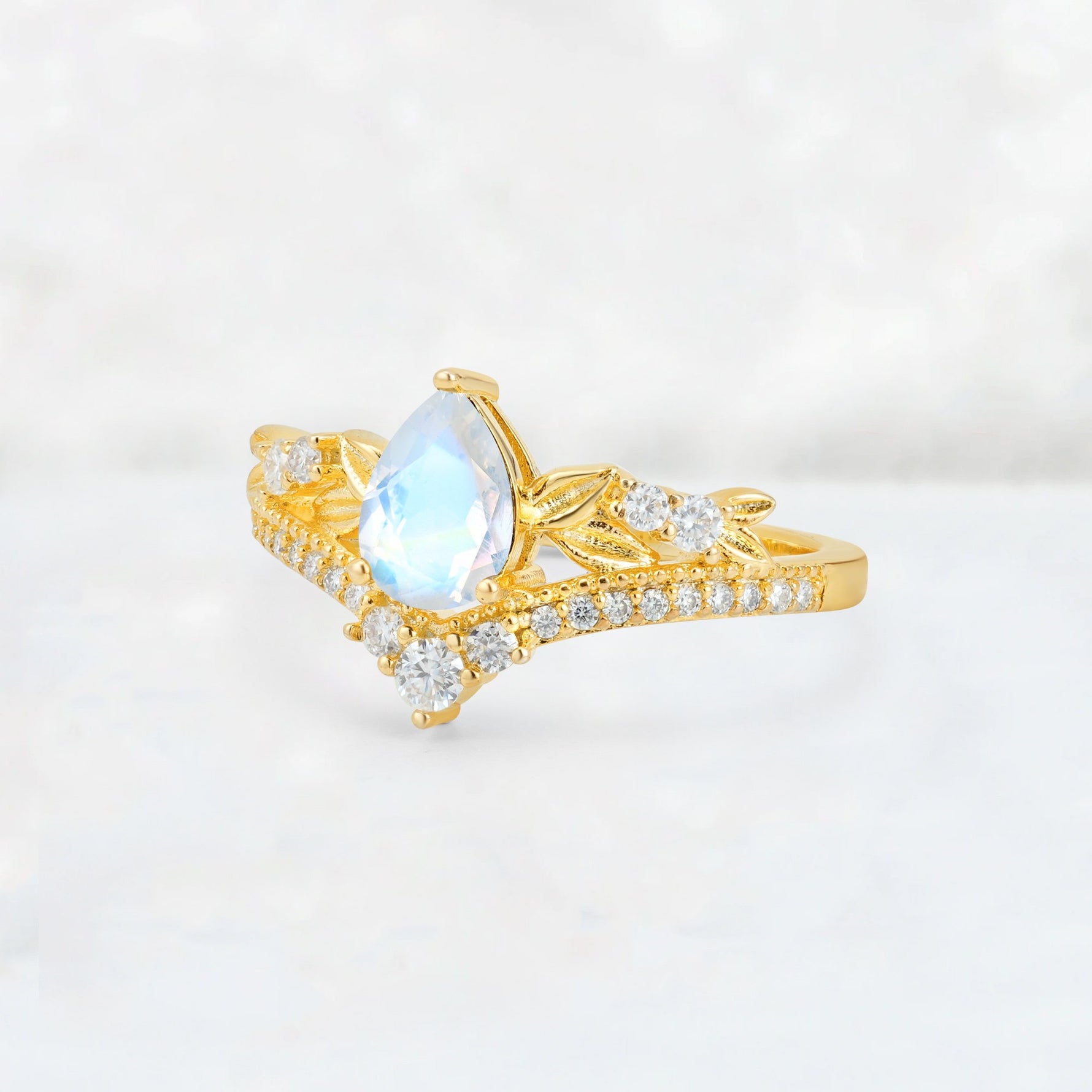 Pear Cut Moonstone Leaf Chevron Bridal Ring Set - Additional view