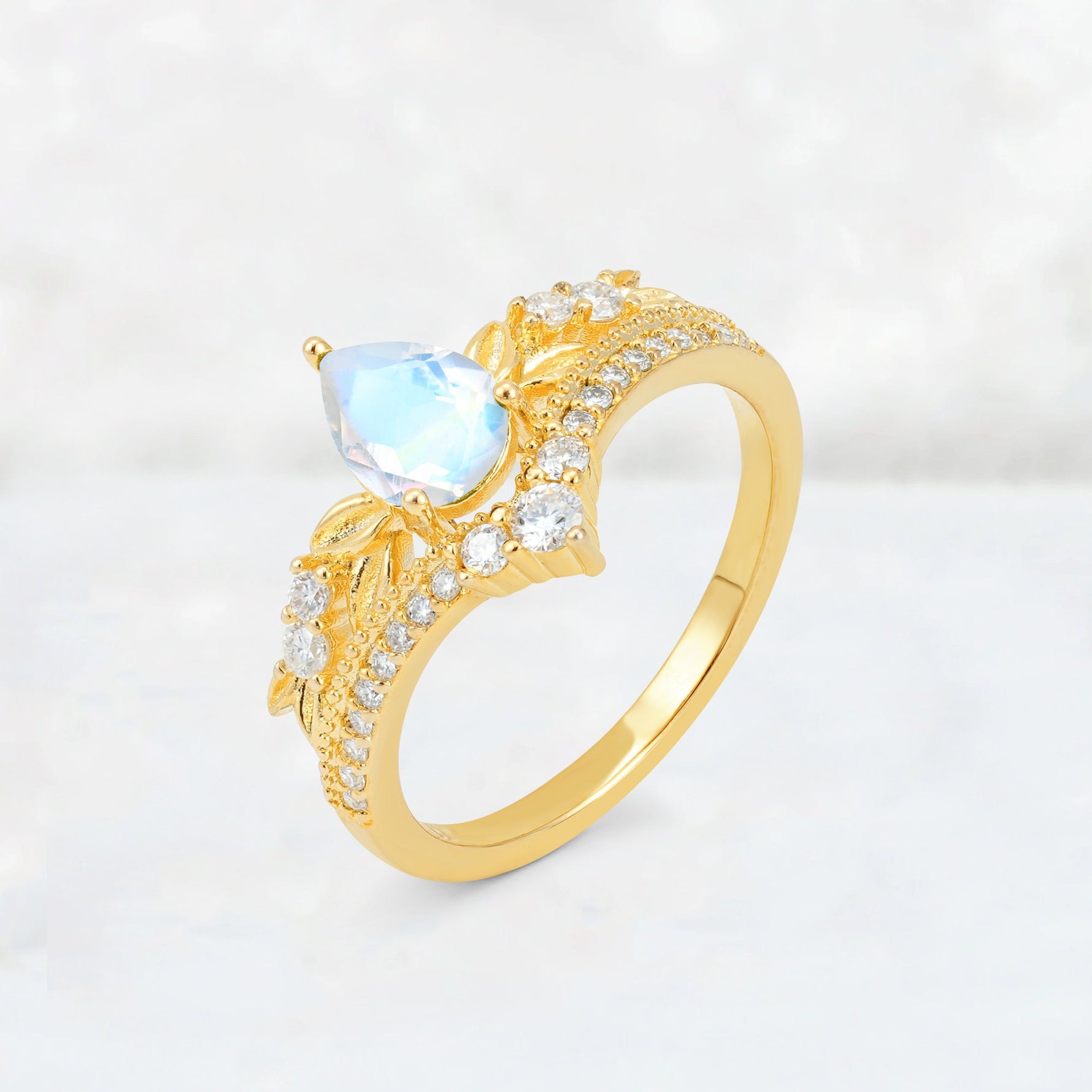 Pear Cut Moonstone Leaf Chevron Bridal Ring Set - Additional view
