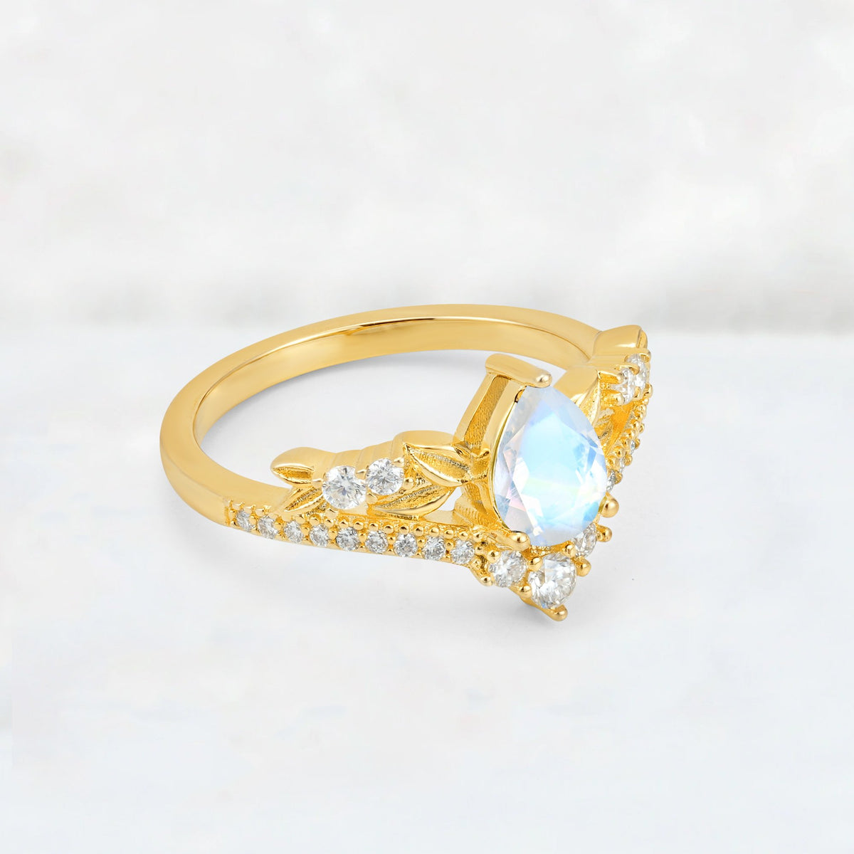 Pear Cut Moonstone Leaf Chevron Bridal Ring Set - Additional view