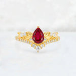 Pear Cut Ruby Leaf Chevron Bridal Ring Set - Additional view