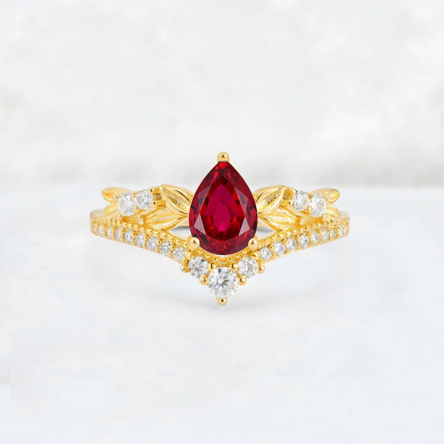 Pear Cut Ruby Leaf Chevron Bridal Ring Set - Additional view