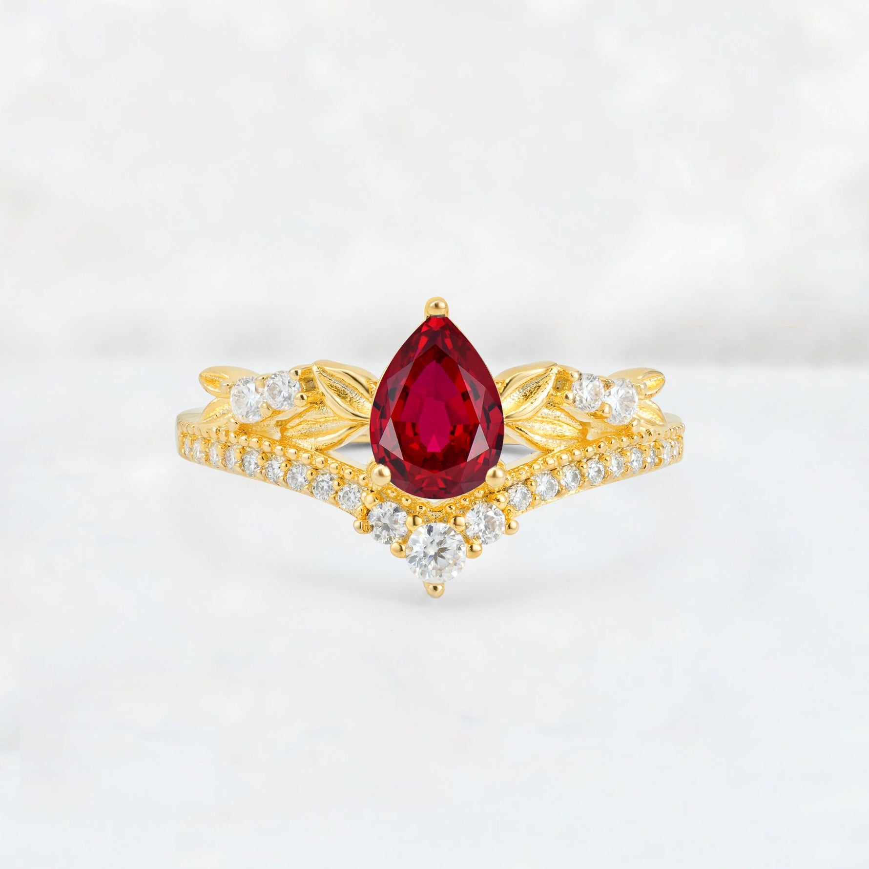 Pear Cut Ruby Leaf Chevron Bridal Ring Set - Additional view