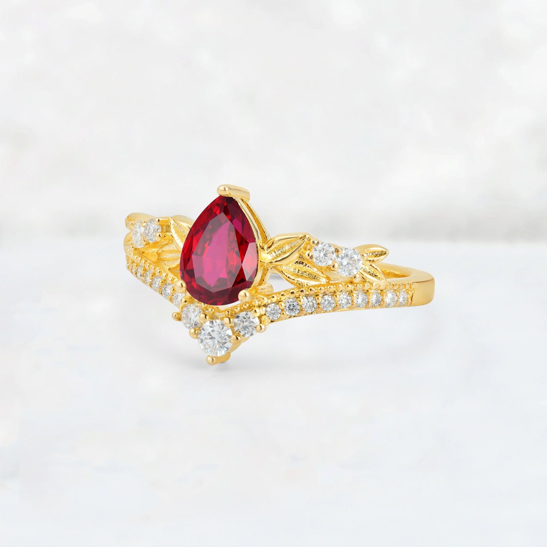 Pear Cut Ruby Leaf Chevron Bridal Ring Set - Additional view