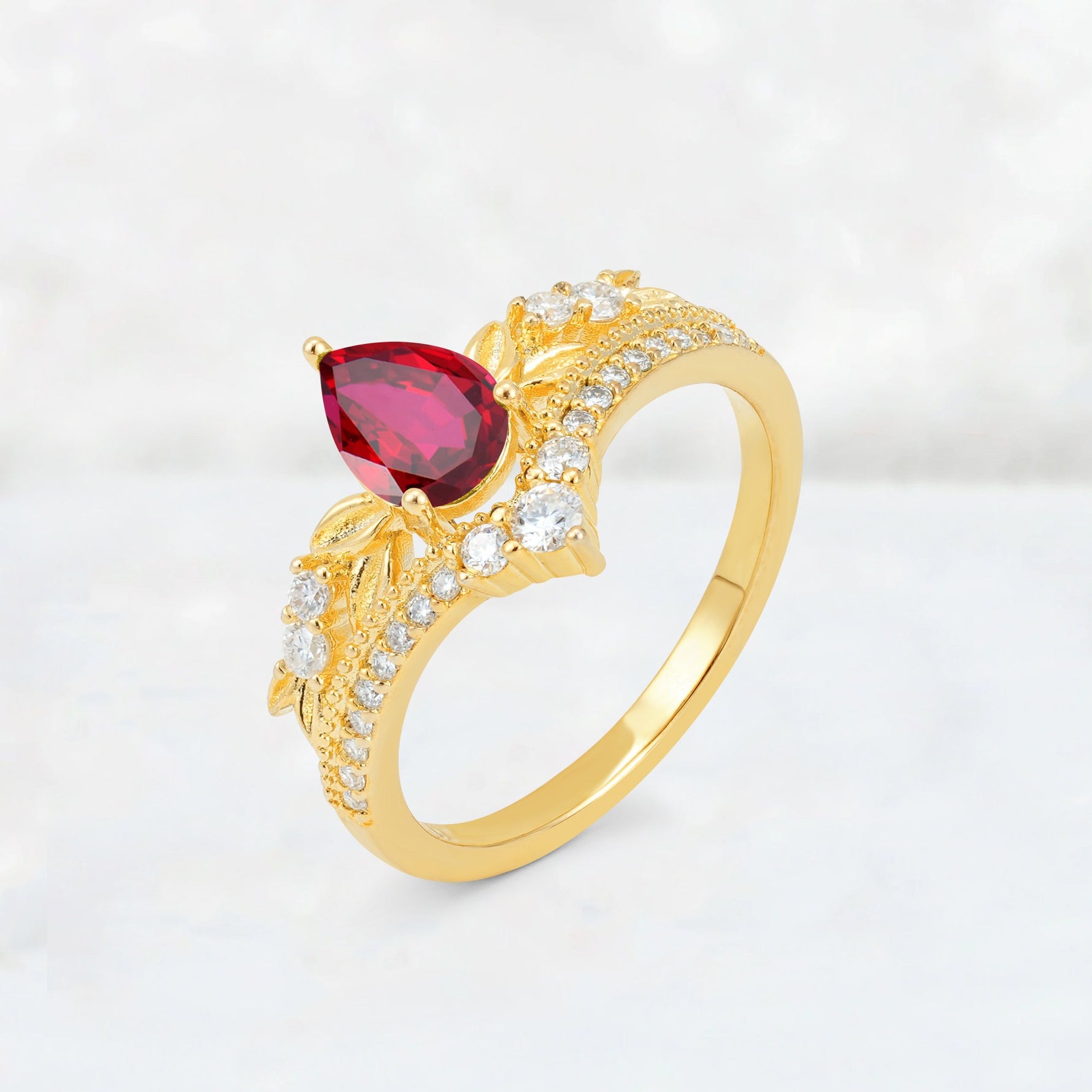 Pear Cut Ruby Leaf Chevron Bridal Ring Set - Additional view