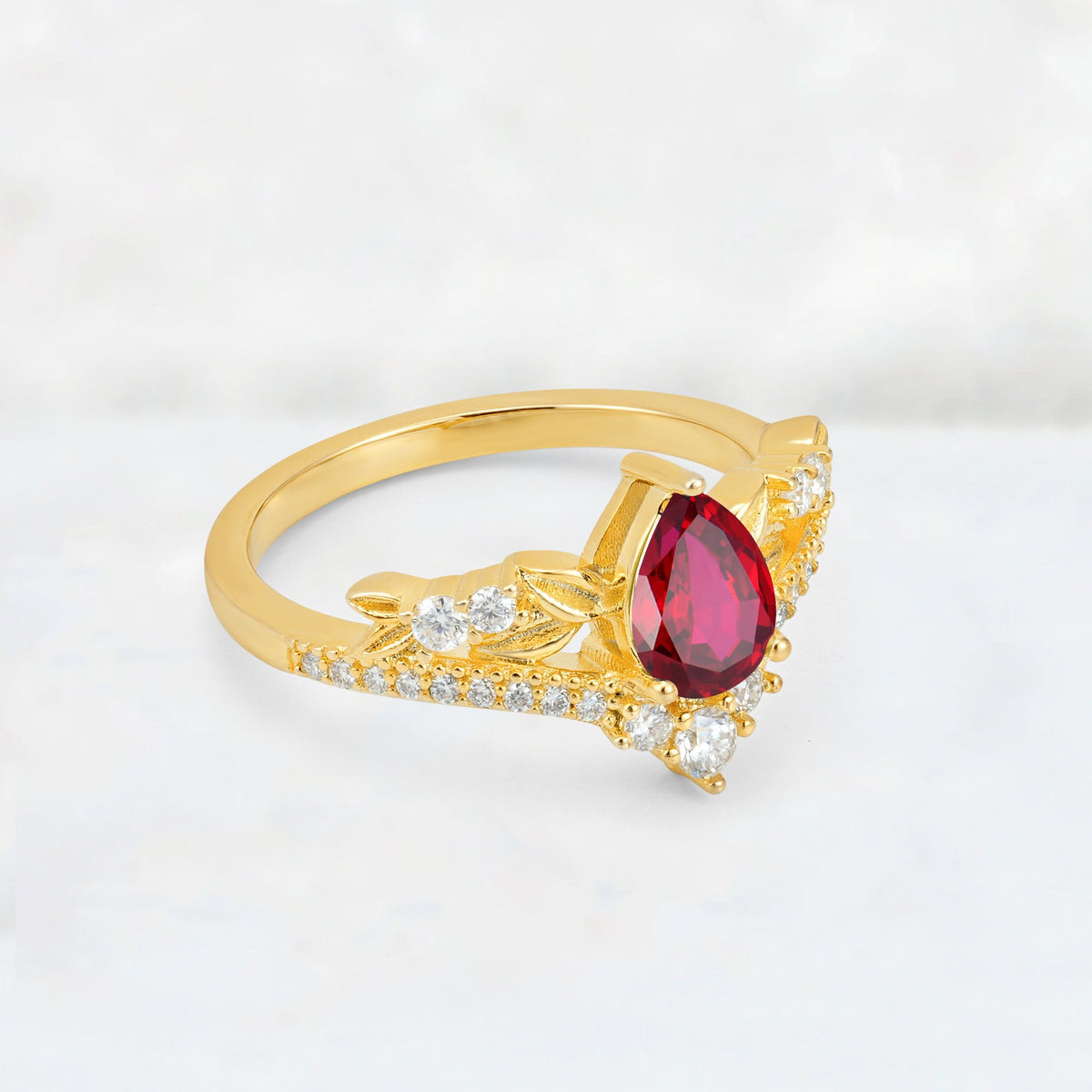 Pear Cut Ruby Leaf Chevron Bridal Ring Set - Additional view