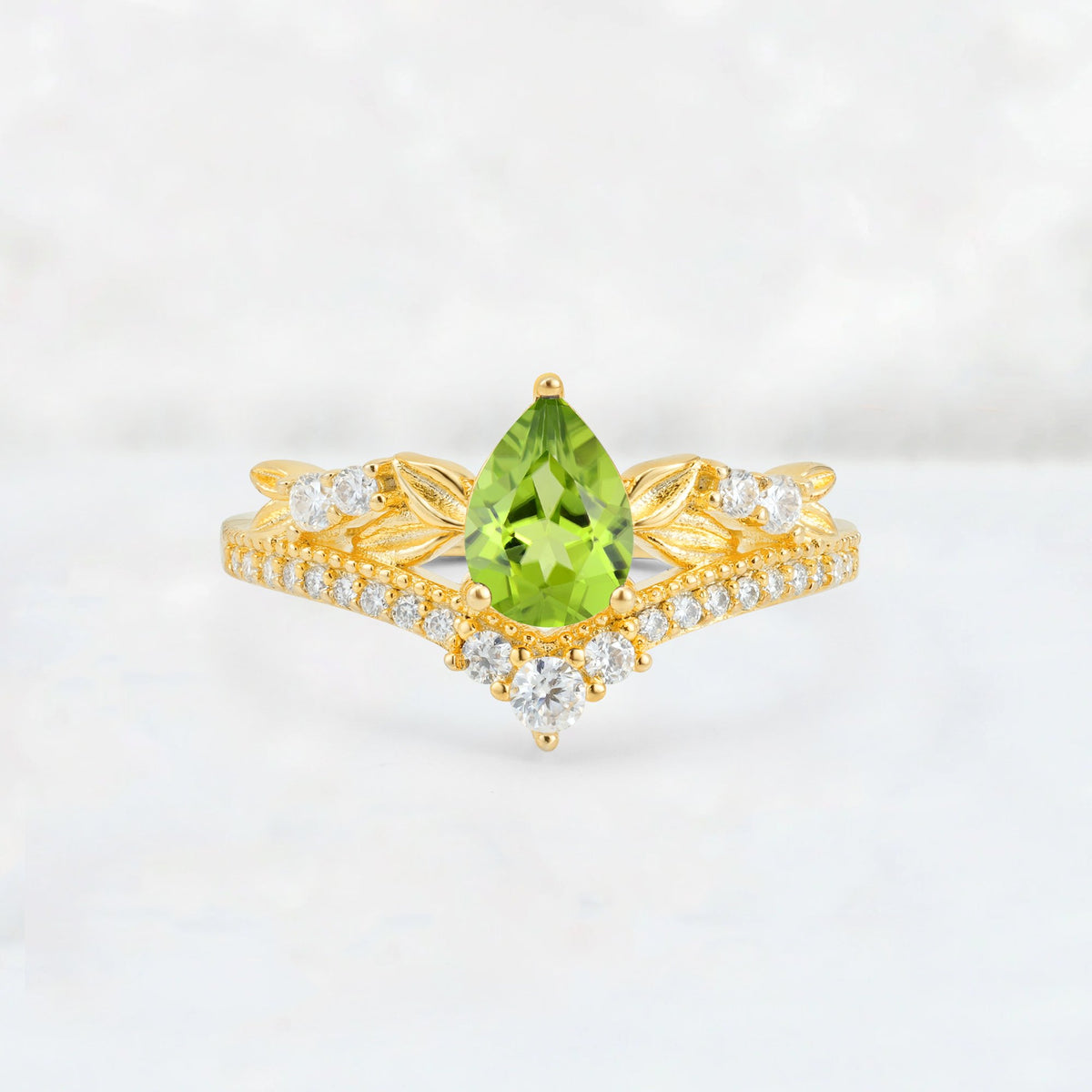 Pear Cut Peridot Leaf Chevron Bridal Ring Set - Additional view