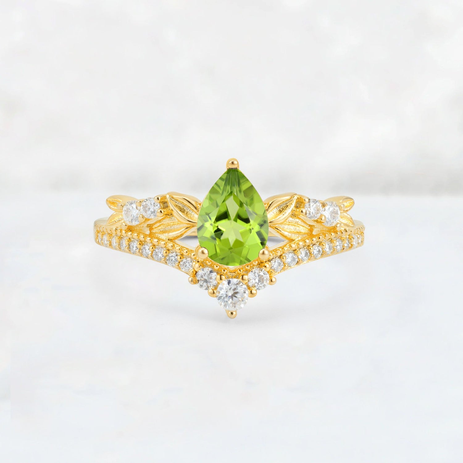 Pear Cut Peridot Leaf Chevron Bridal Ring Set - Additional view