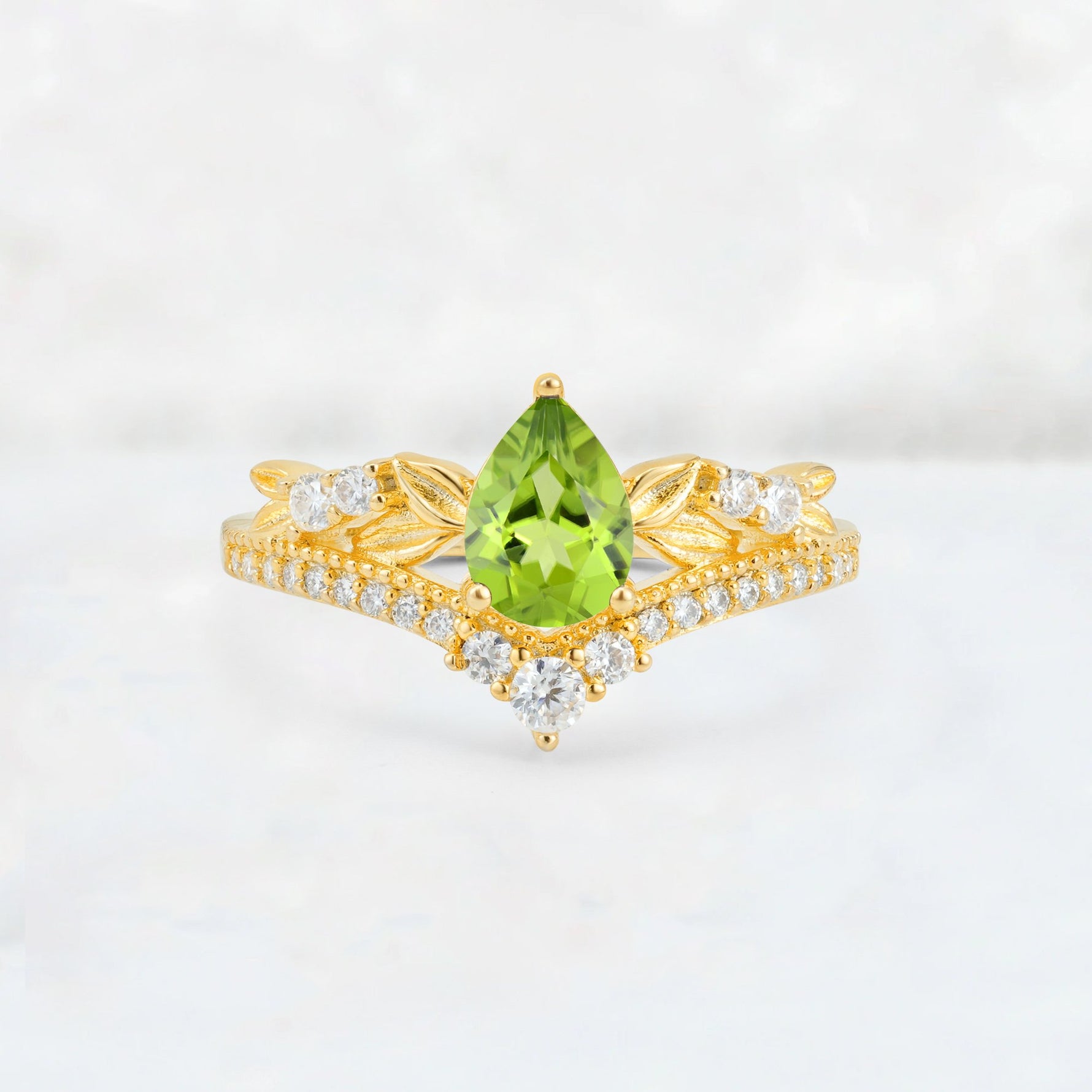 Pear Cut Peridot Leaf Chevron Bridal Ring Set - Additional view