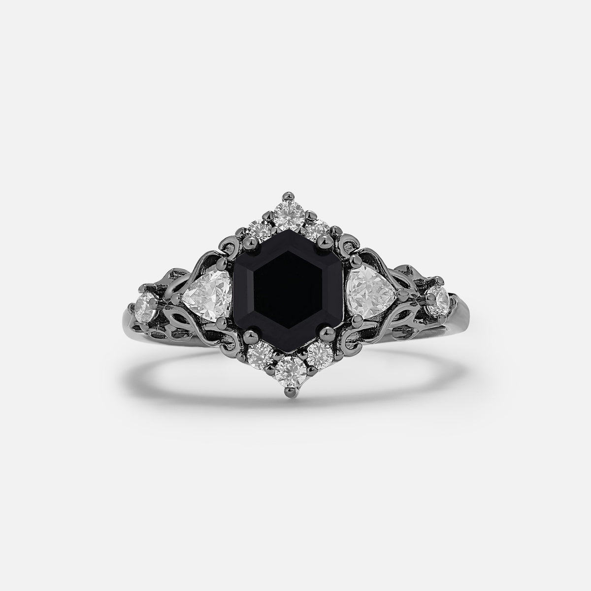 Halloween Hexagon Onyx Halo Engagement Ring