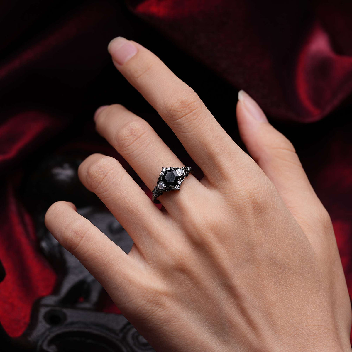 Halloween Hexagon Onyx Halo Engagement Ring