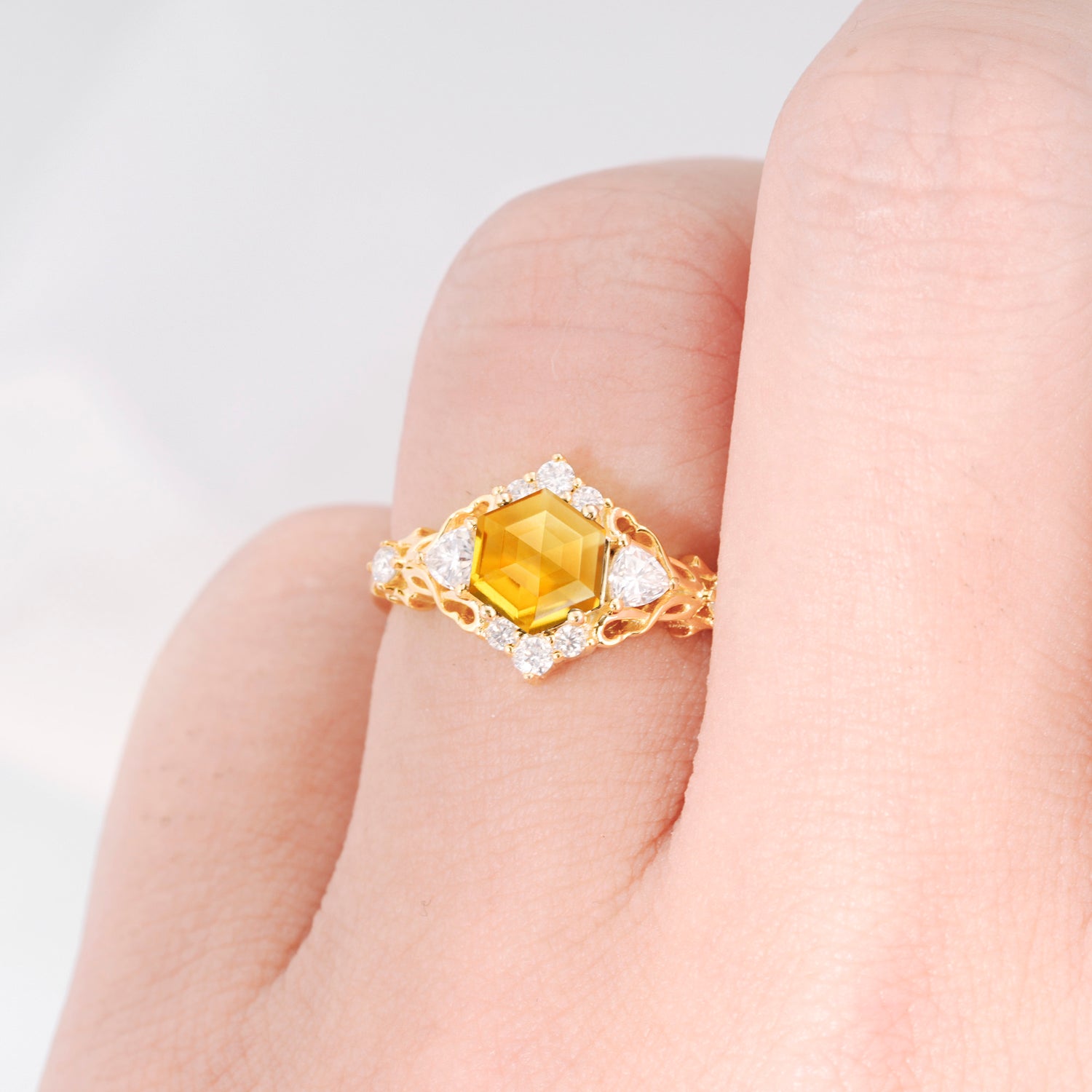 Vintage Hexagon Cut Citrine Filigree Promise Ring for Women