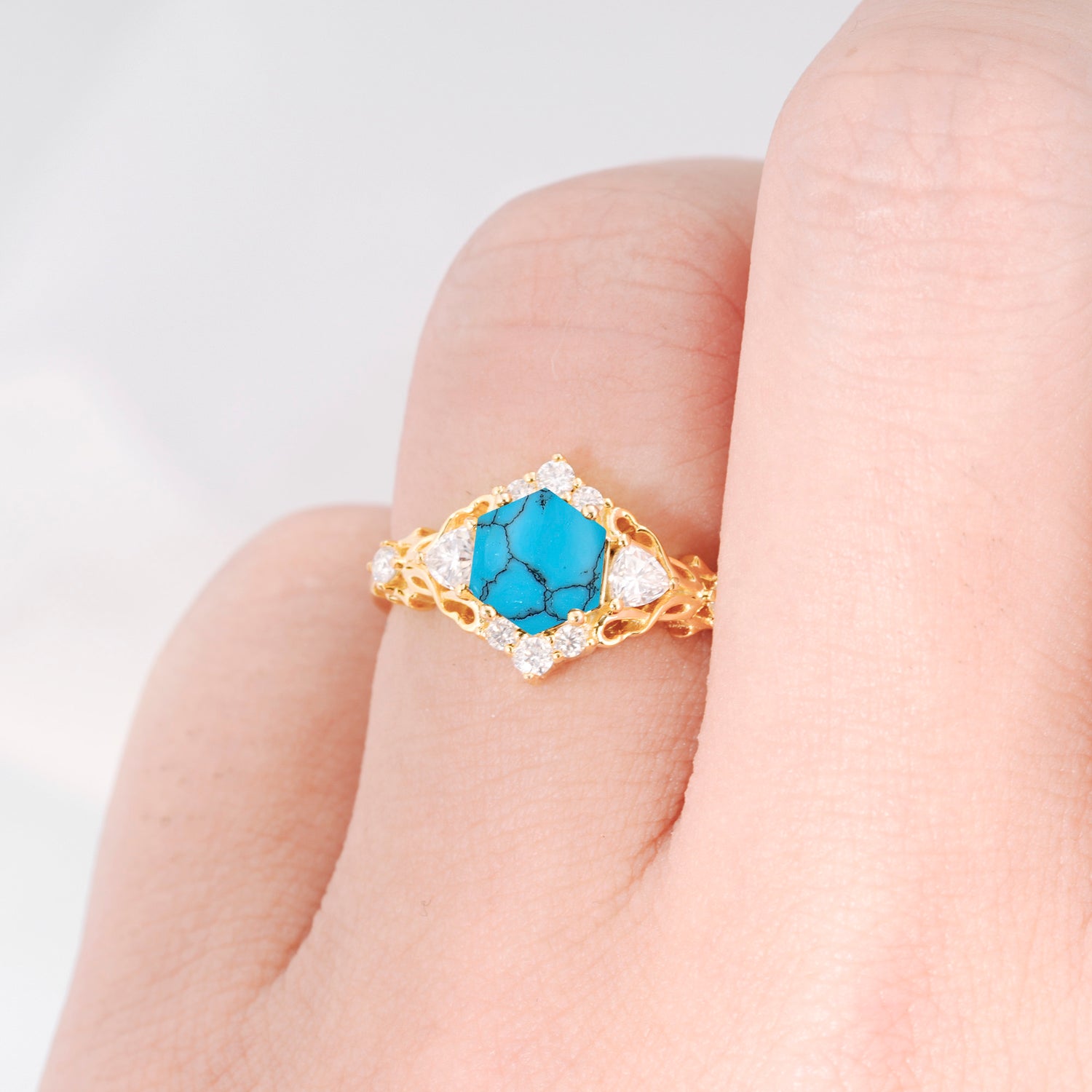 Vintage Hexagon Cut Turquoise Filigree Promise Ring for Women