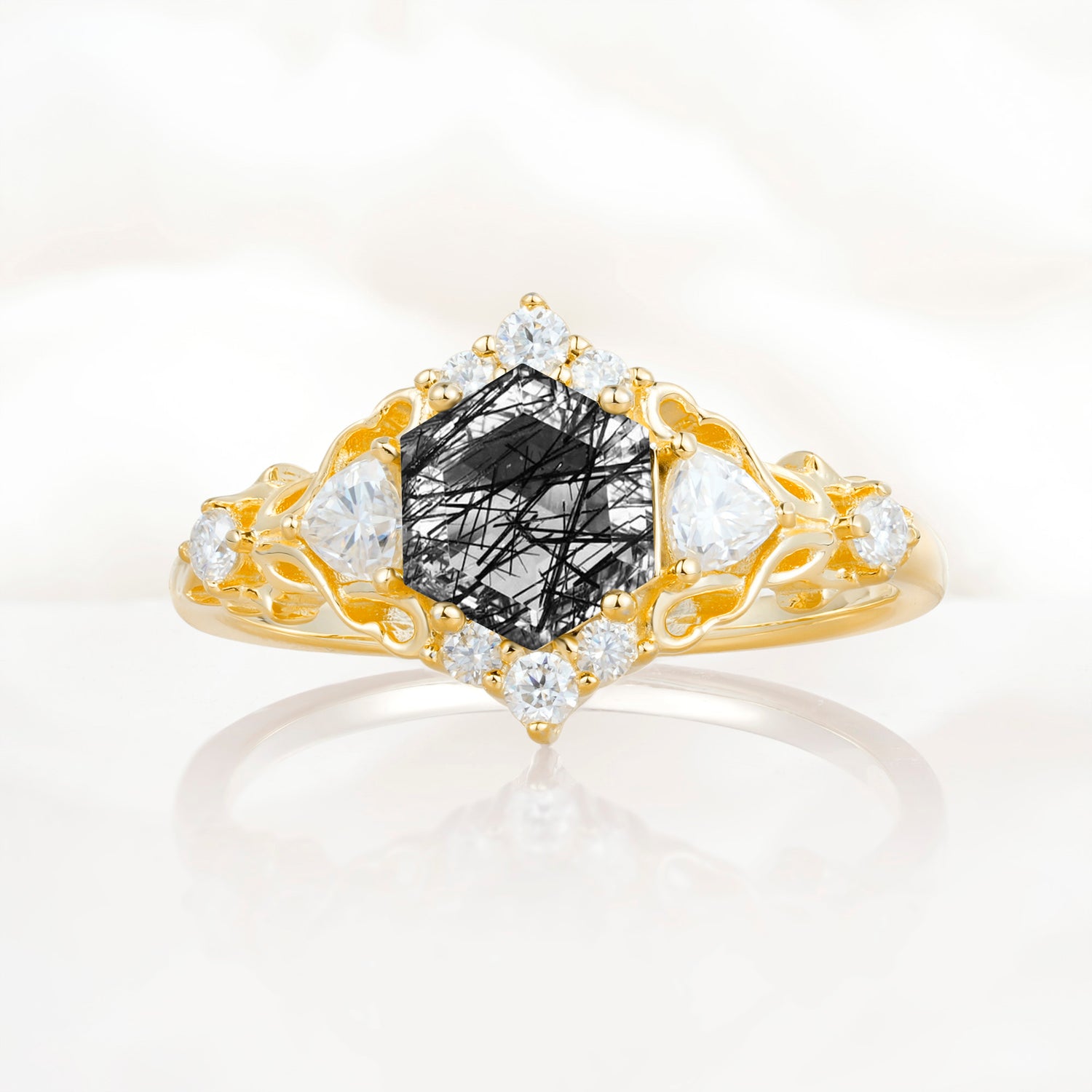 Vintage Hexagon Cut Black Rutilated Quartz Filigree Promise Ring for Women