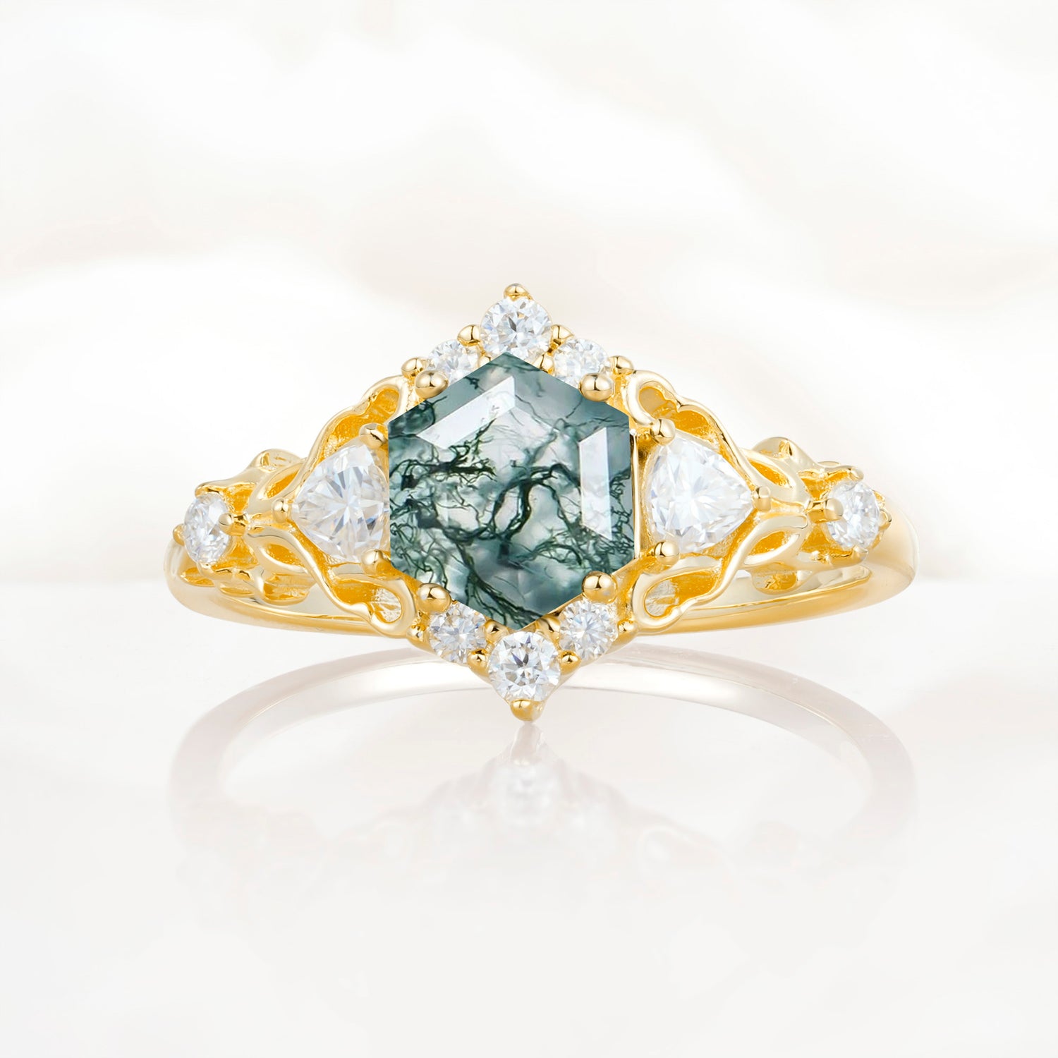 Vintage Hexagon Cut Moss Agate Filigree Promise Ring for Women
