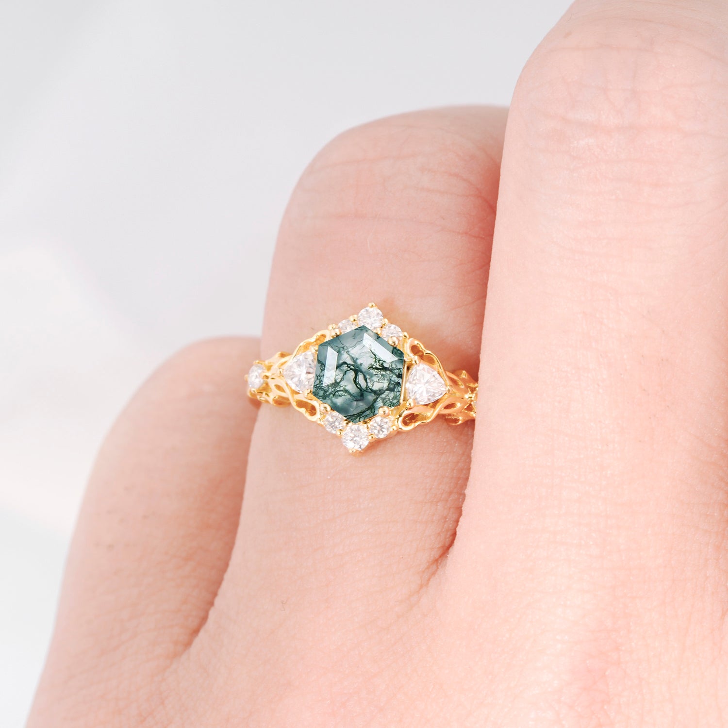 Vintage Hexagon Cut Moss Agate Filigree Promise Ring for Women