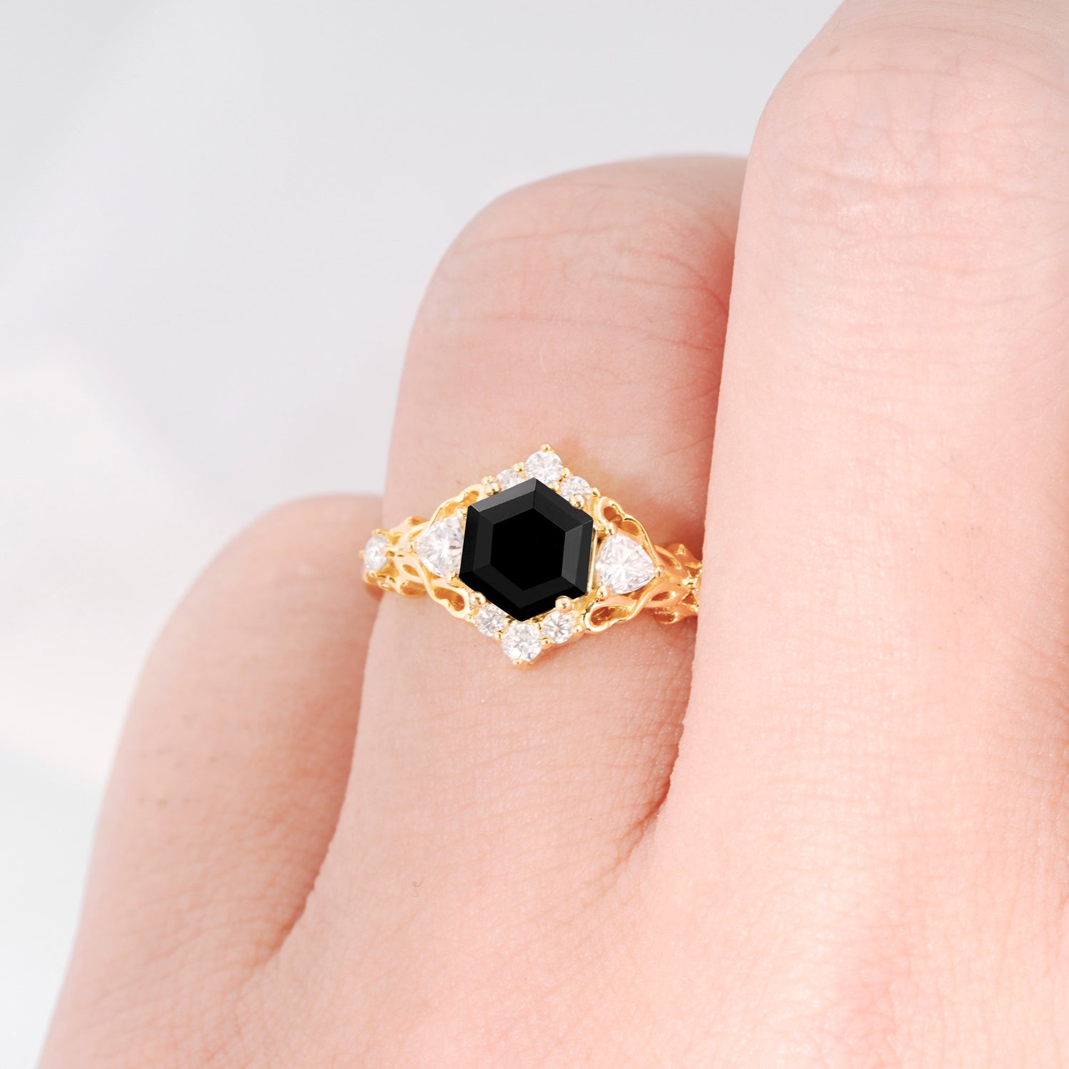 Vintage Hexagon Cut Black Onyx Filigree Promise Ring for Women