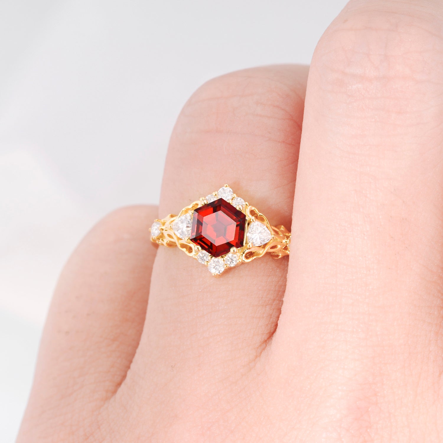 Vintage Hexagon Cut Garnet Filigree Promise Ring for Women