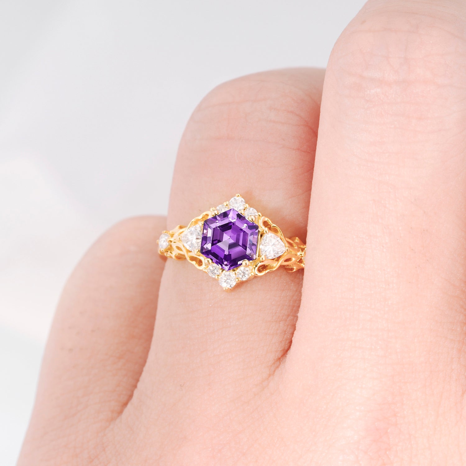 Vintage Hexagon Cut Amethyst Filigree Promise Ring for Women