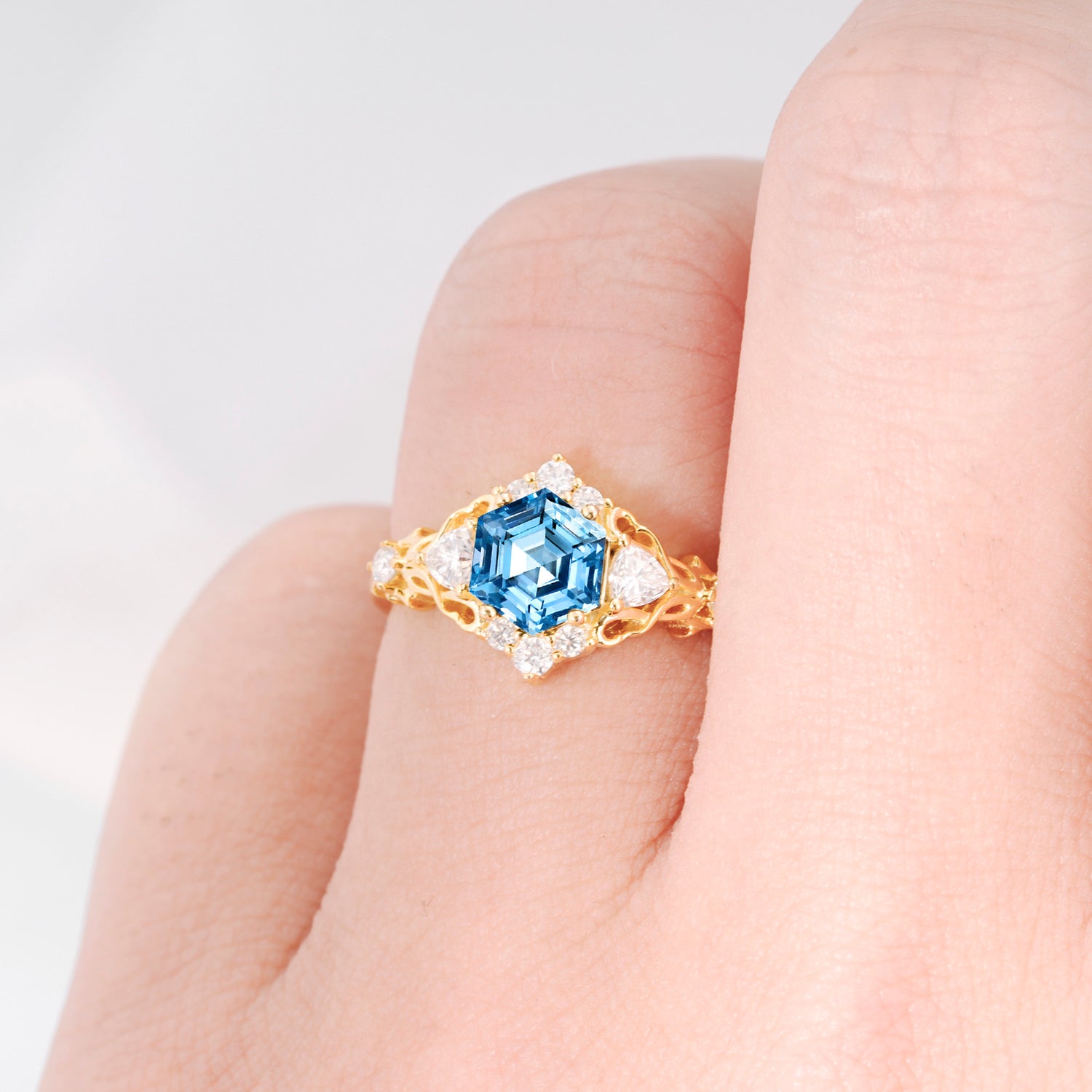 Vintage Hexagon Cut Aquamarine Filigree Promise Ring for Women
