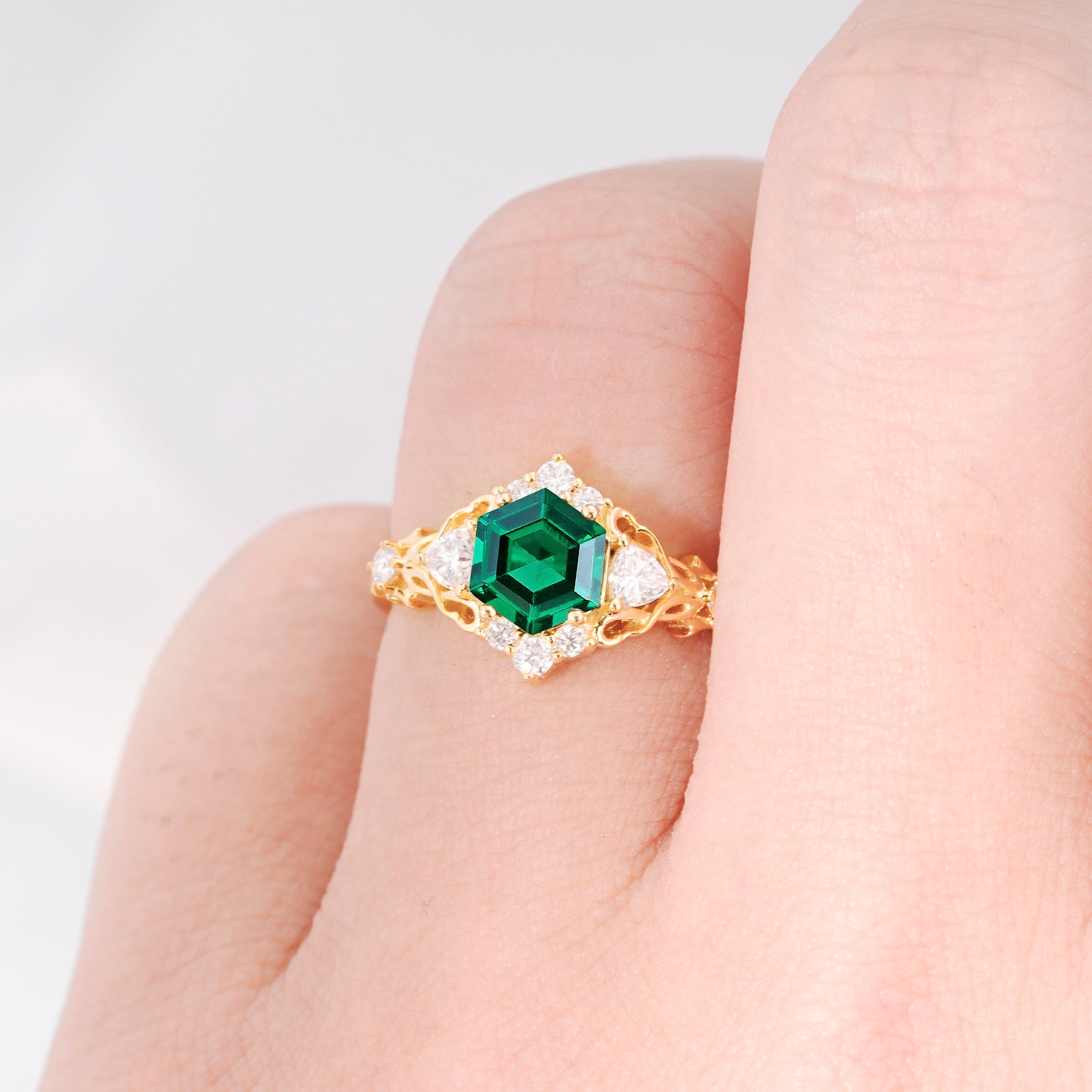 Vintage Hexagon Cut Emerald Filigree Promise Ring for Women