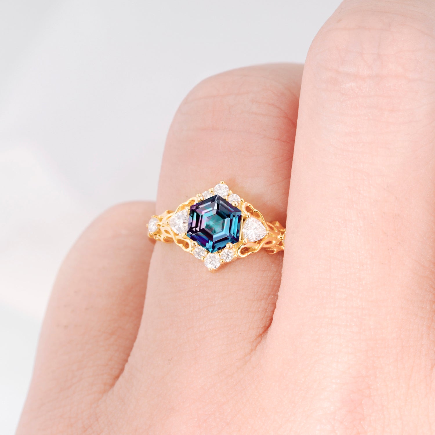 Vintage Hexagon Cut Alexandrite Filigree Promise Ring for Women