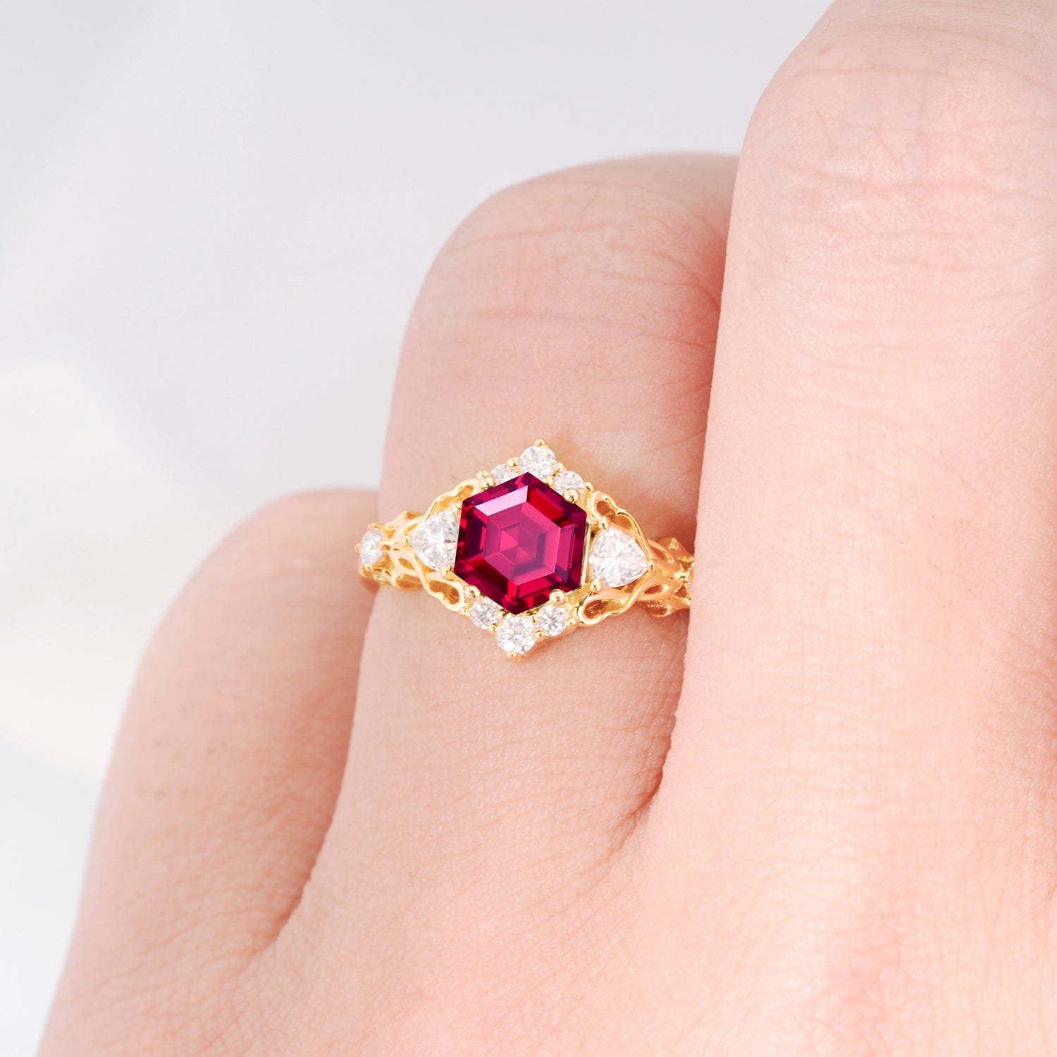 Vintage Hexagon Cut Ruby Filigree Promise Ring for Women