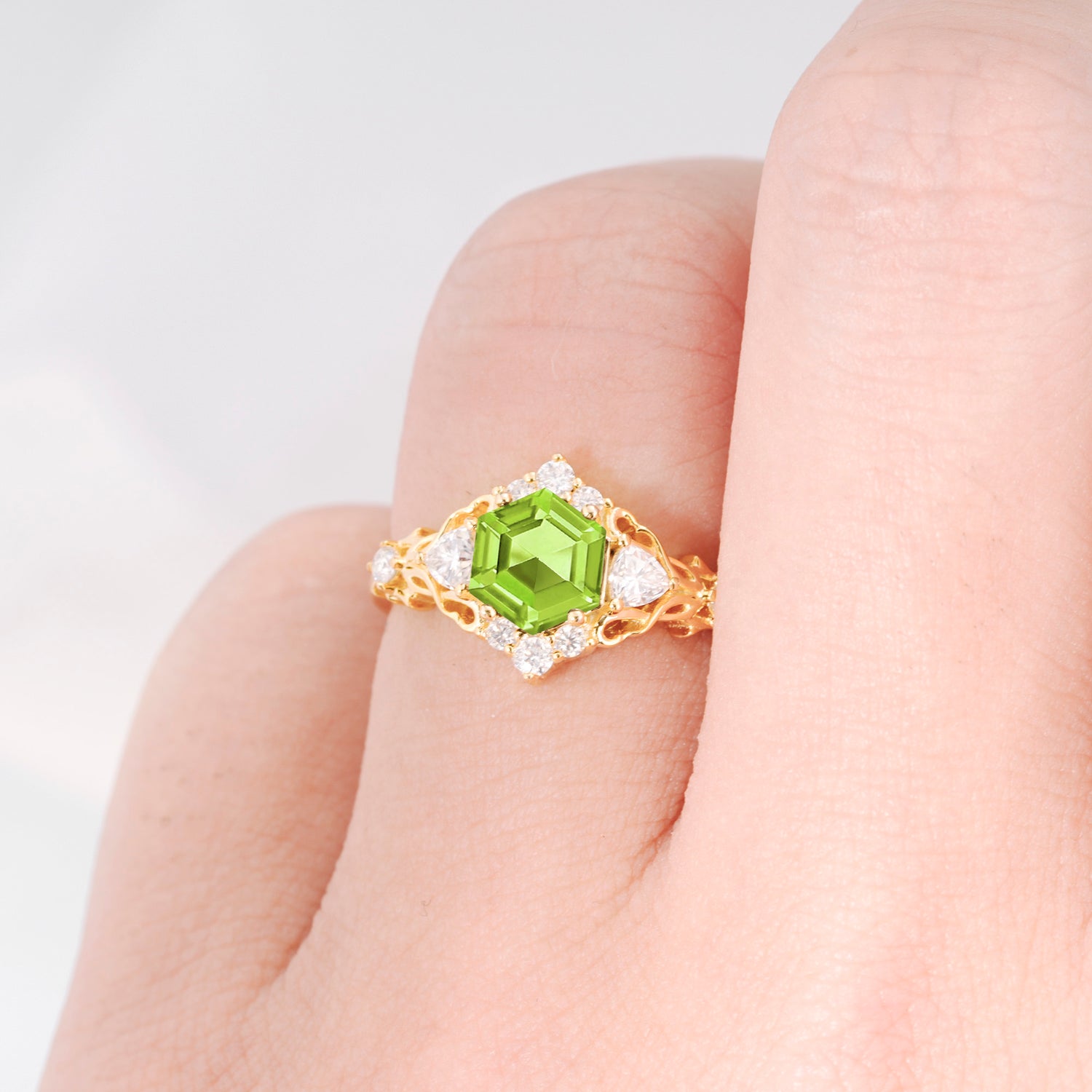 Vintage Hexagon Cut Peridot Filigree Promise Ring for Women
