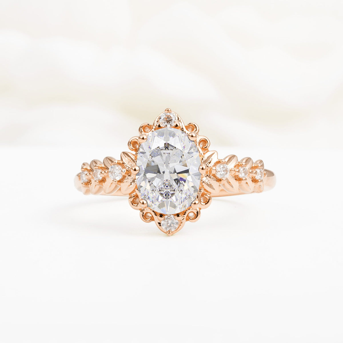 Oval Cut Moissanite Floral Leaf Halo Engagement Ring - Additional view
