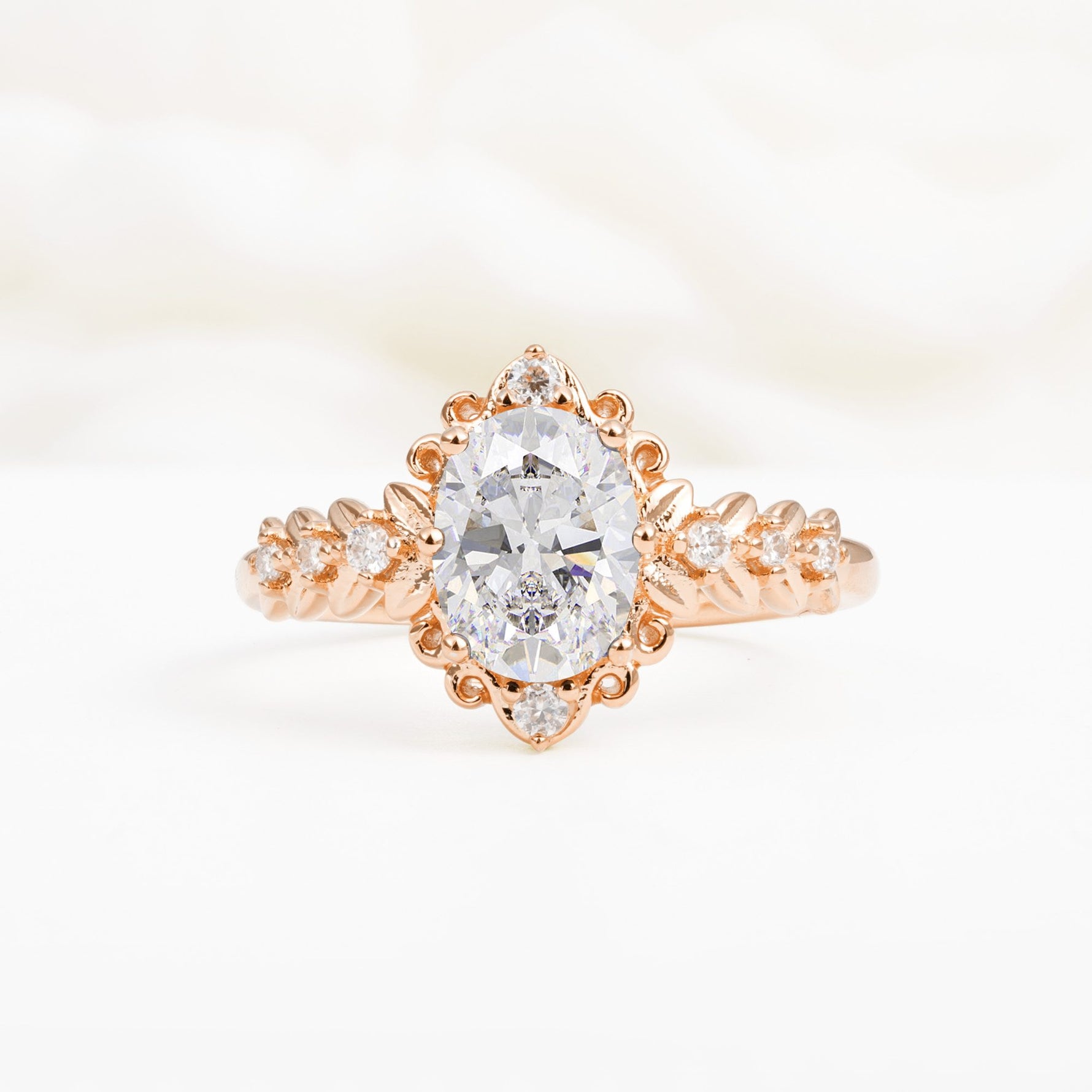 Oval Cut Moissanite Floral Leaf Halo Engagement Ring - Additional view