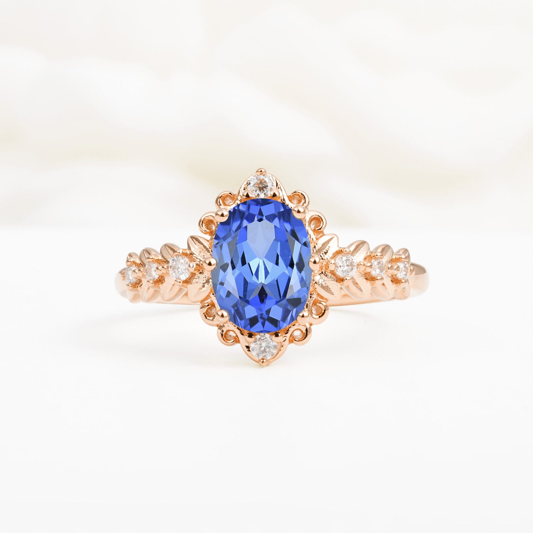 Oval Cut Sapphire Floral Leaf Halo Engagement Ring - Additional view