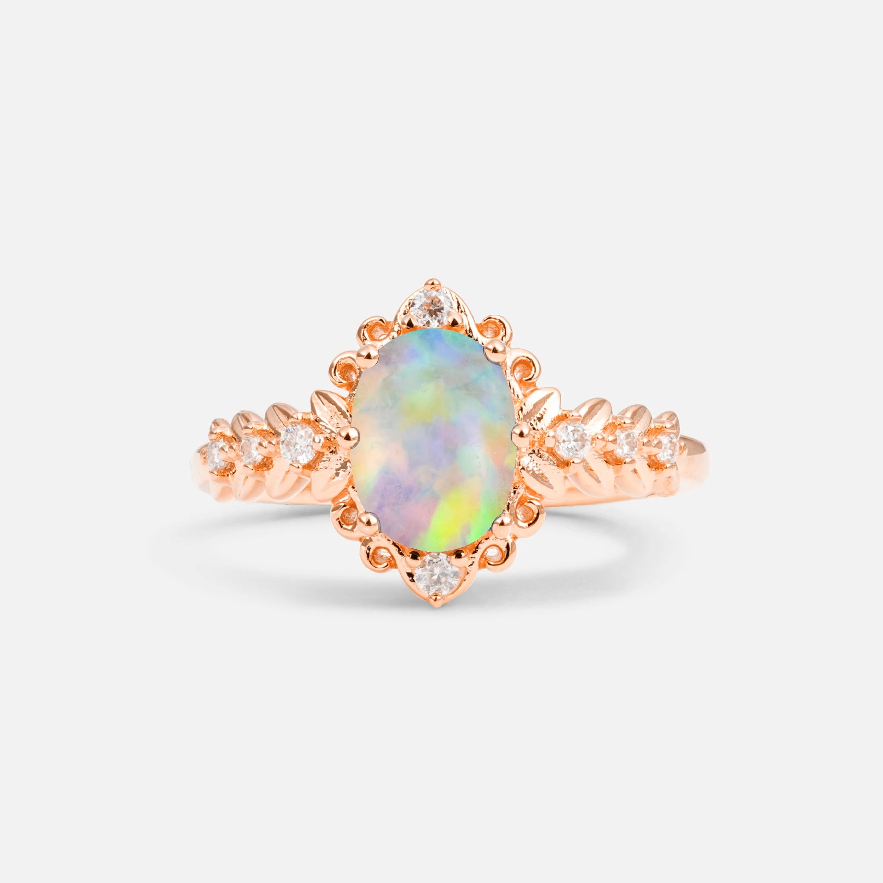 Oval Cut Fire Opal Floral Leaf Halo Engagement Ring - Additional view