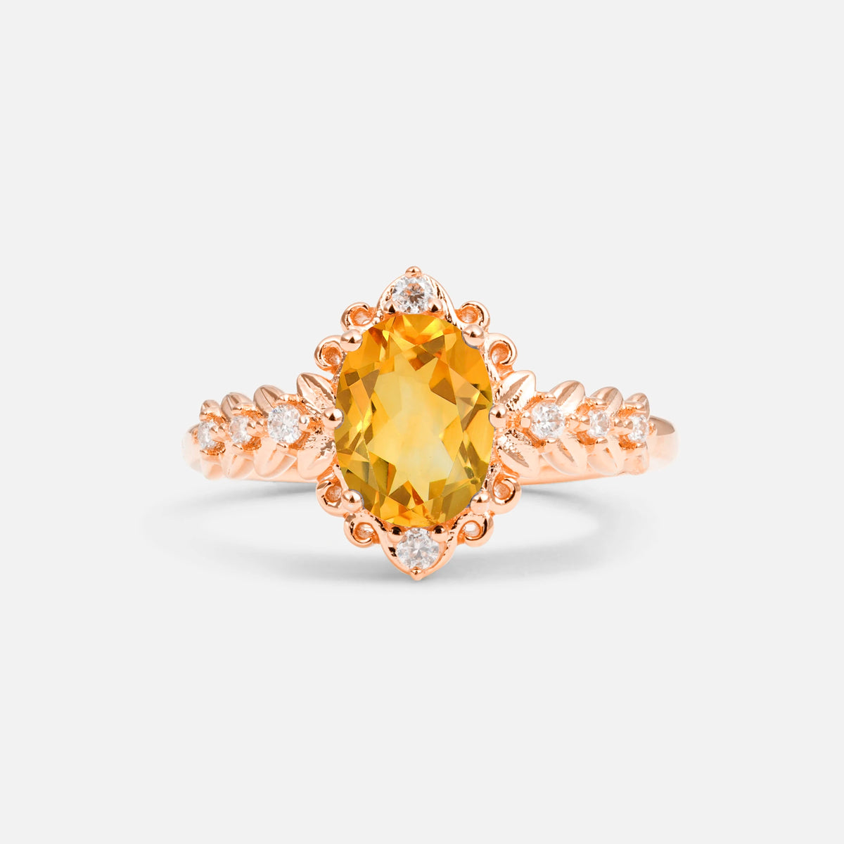 Oval Cut Citrine Floral Leaf Halo Engagement Ring - Additional view