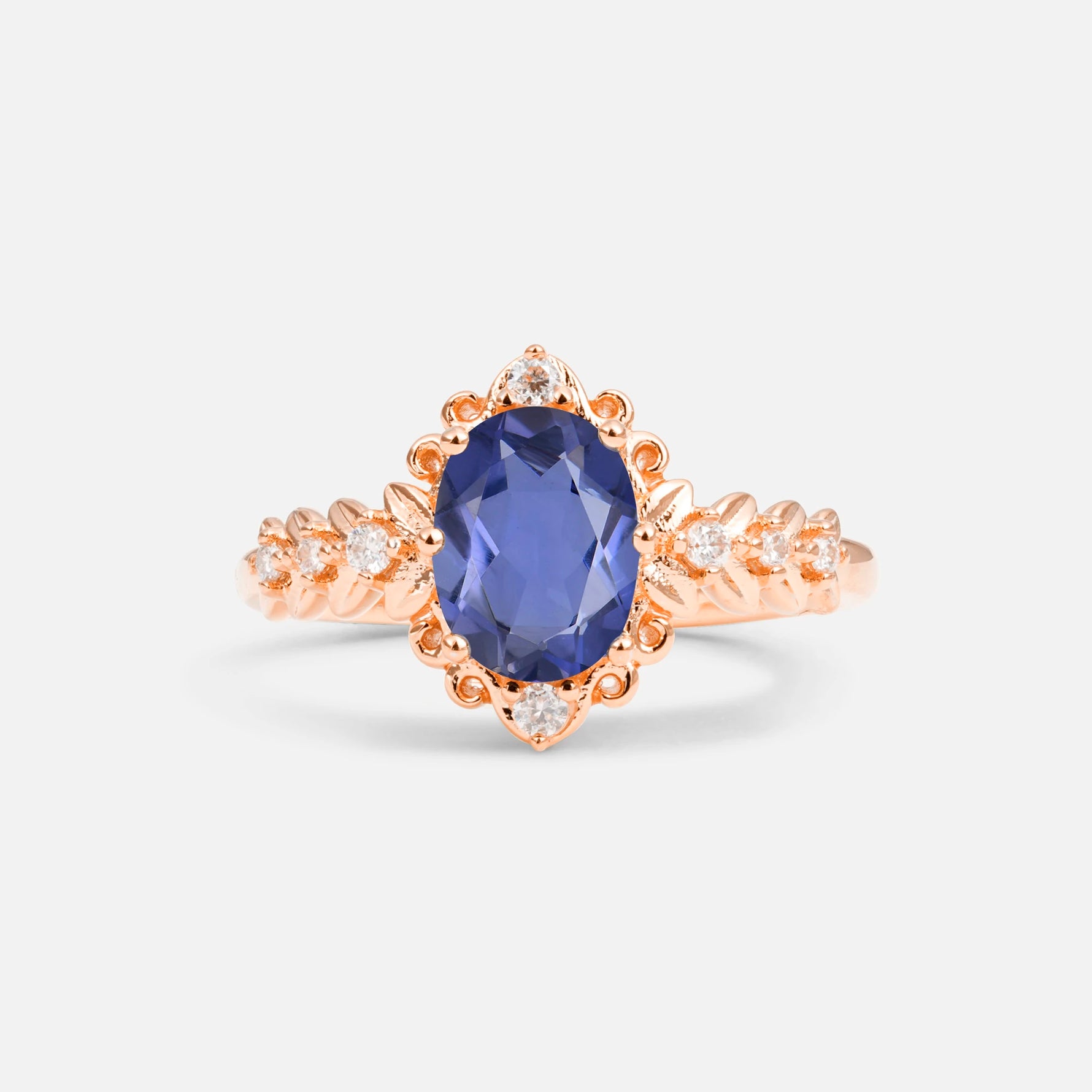 Oval Cut Tanzanite Floral Leaf Halo Engagement Ring - Additional view