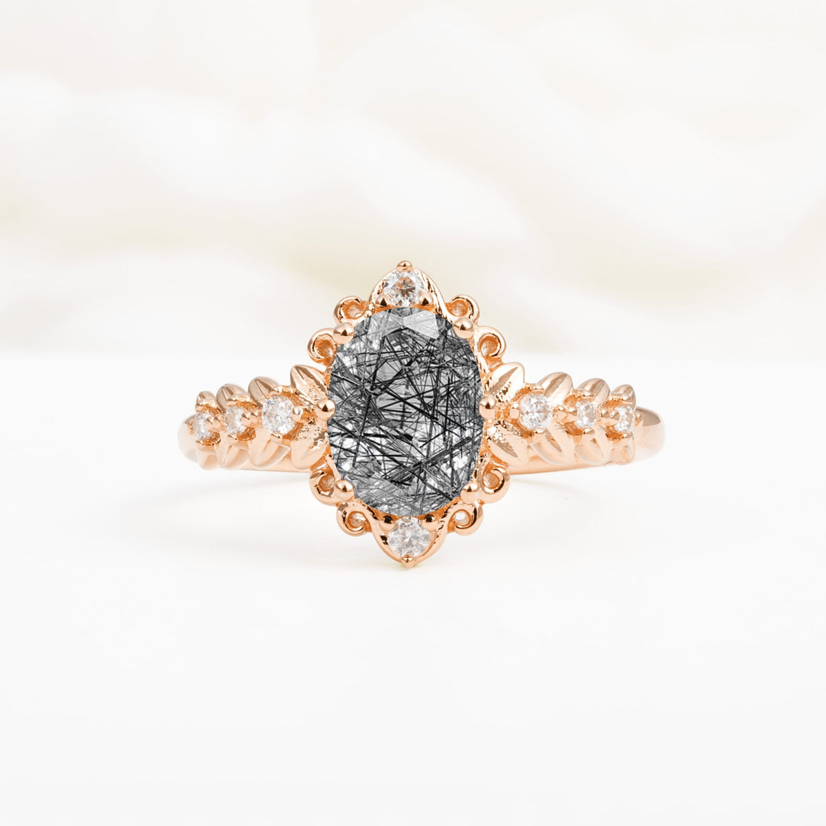 Oval Cut Black Rutilated Quartz Floral Leaf Halo Engagement Ring - Additional view
