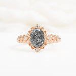 Oval Cut Black Rutilated Quartz Floral Leaf Halo Engagement Ring - Additional view
