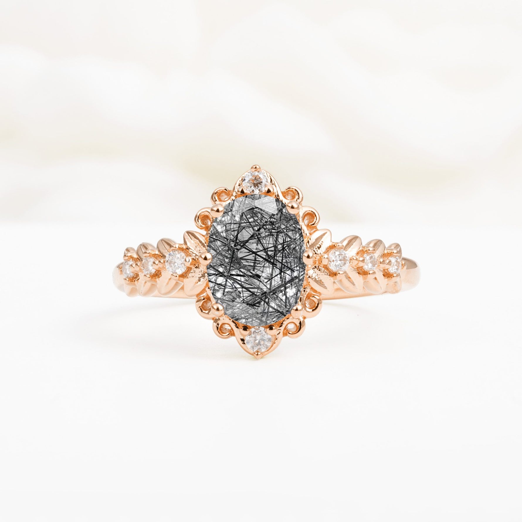 Oval Cut Black Rutilated Quartz Floral Leaf Halo Engagement Ring - Additional view