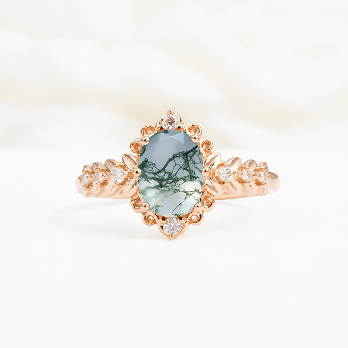 Oval Cut Moss Agate Floral Leaf Halo Engagement Ring - Additional view