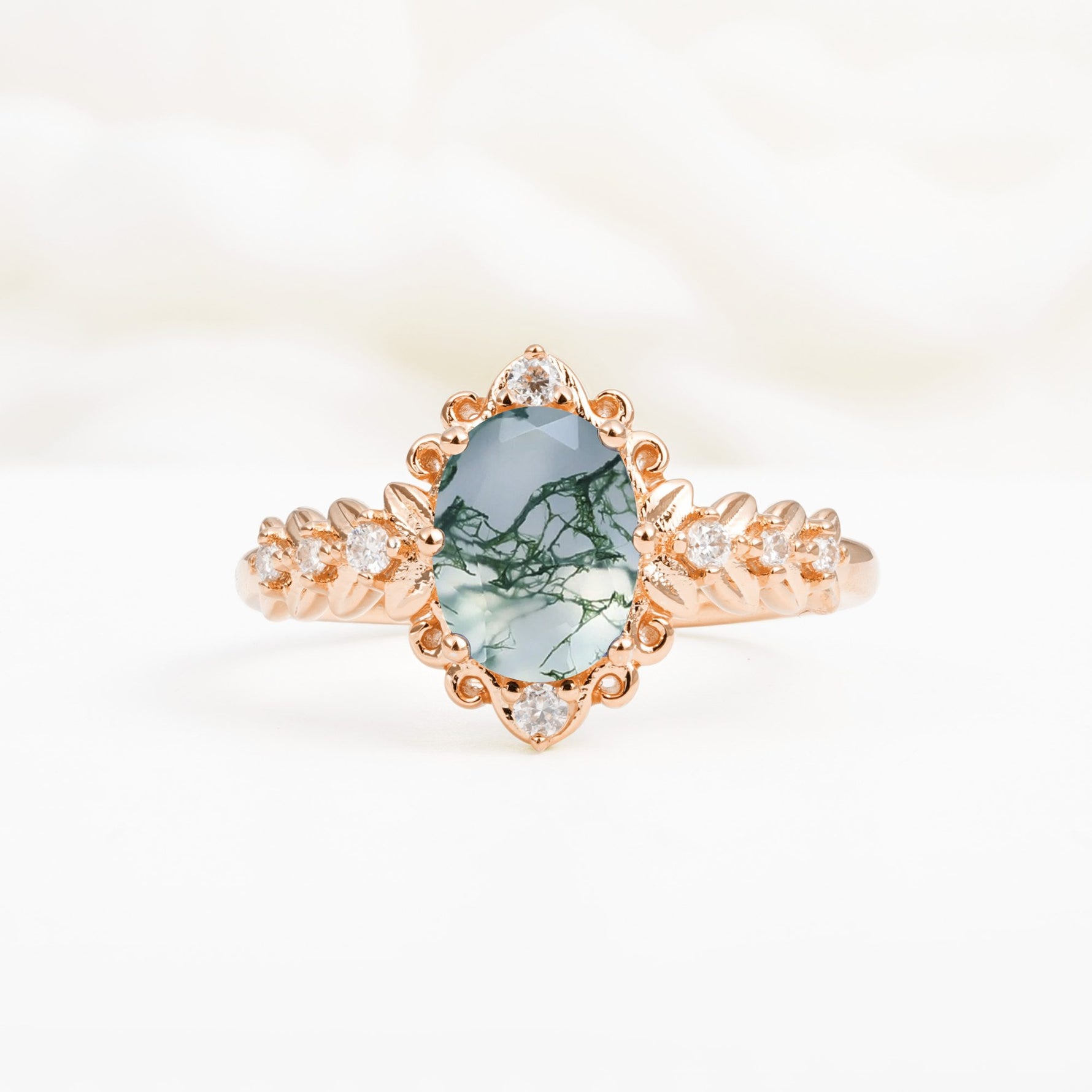 Oval Cut Moss Agate Floral Leaf Halo Engagement Ring - Additional view