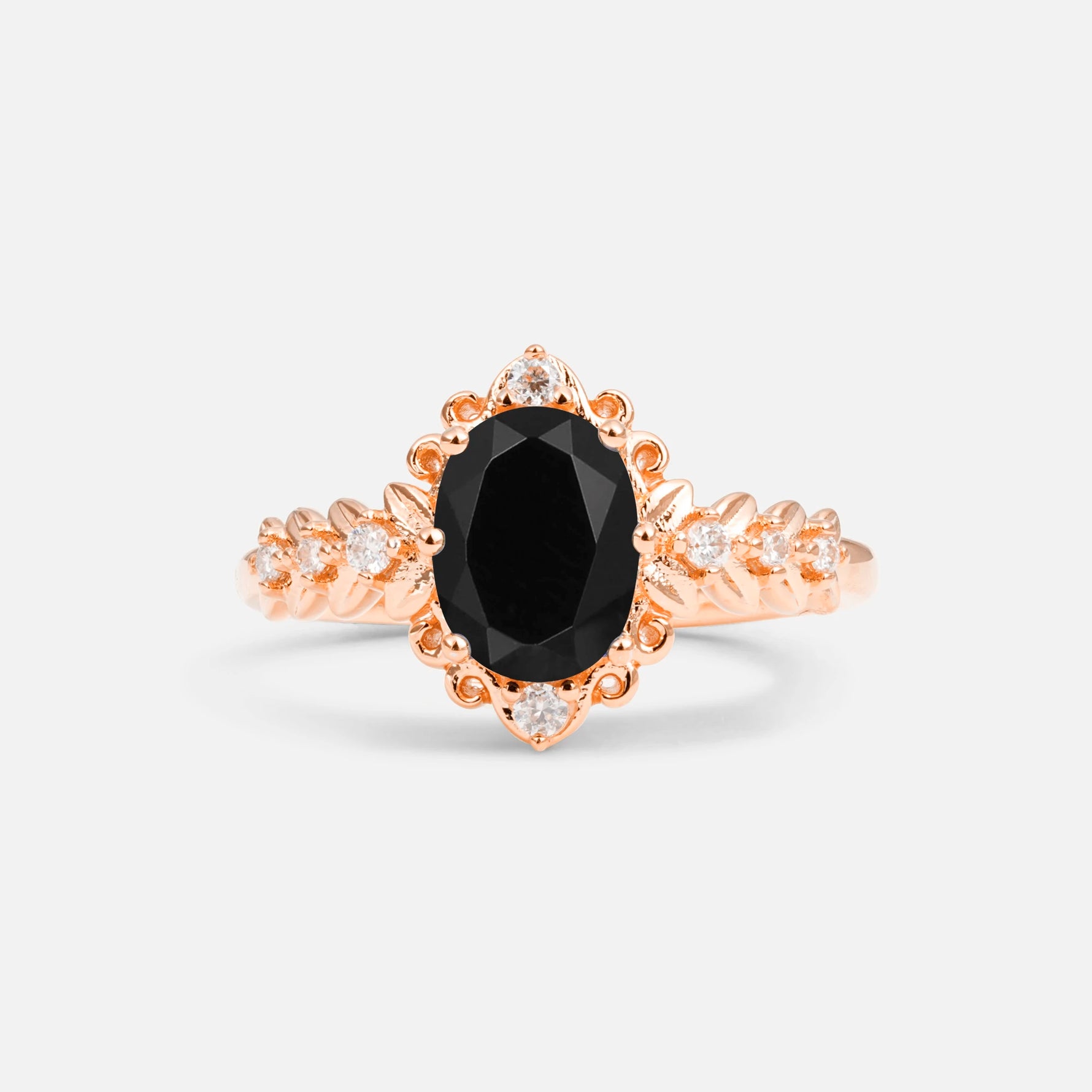 Oval Cut Black Onyx Floral Leaf Halo Engagement Ring - Additional view