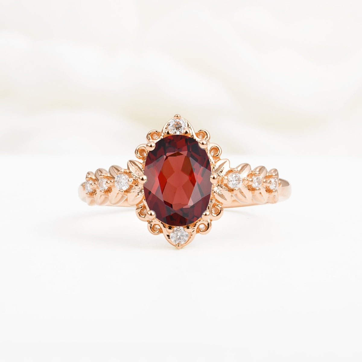 Oval Cut Garnet Floral Leaf Halo Engagement Ring - Additional view
