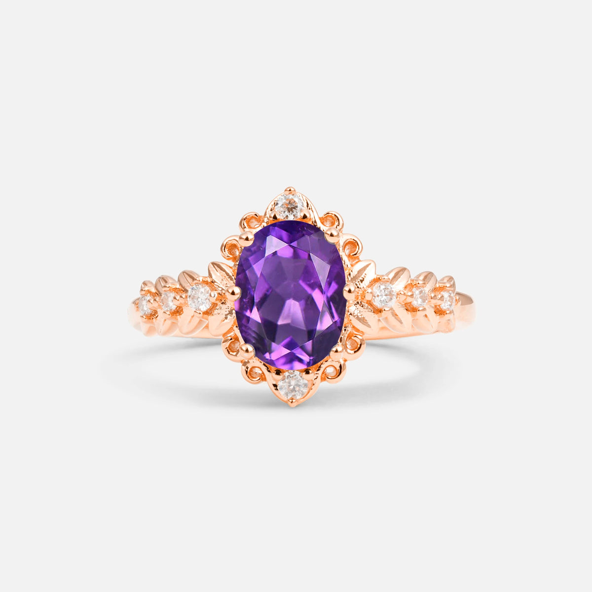 Oval Cut Amethyst Floral Leaf Halo Engagement Ring - Additional view