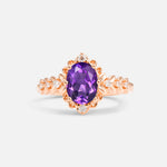 Oval Cut Amethyst Floral Leaf Halo Engagement Ring - Additional view